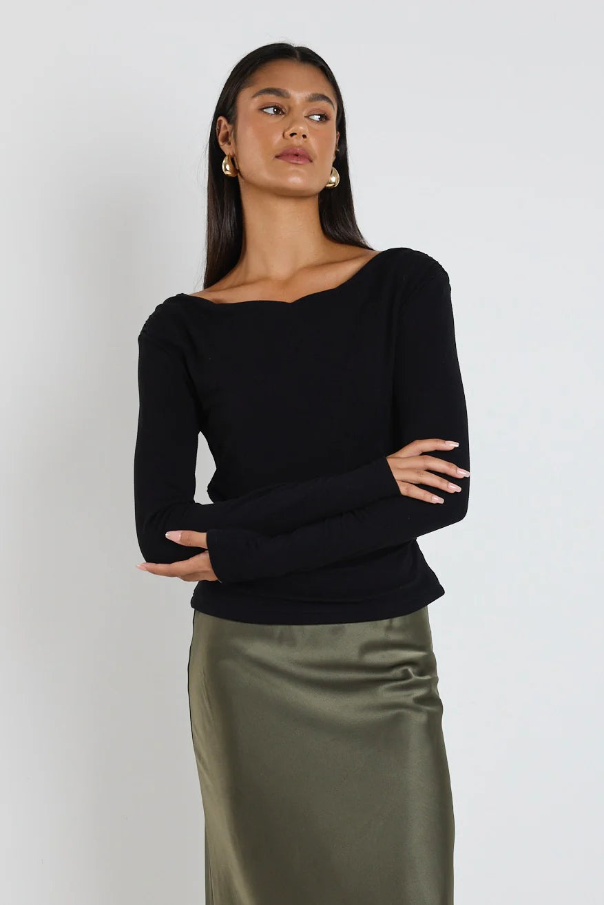 Alley Black Rib Asymmetric Neck Top