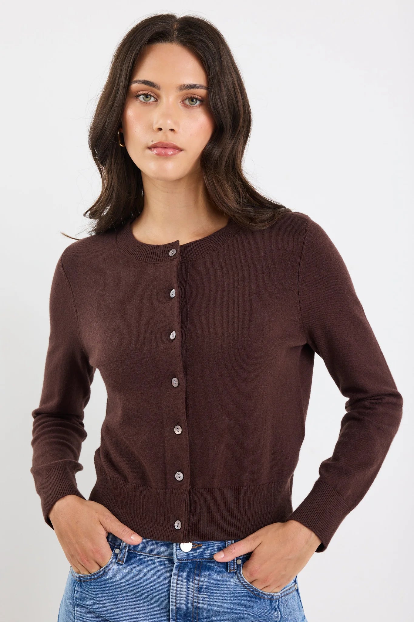 Autograph Chocolate Soft Fine Gauge Crewneck Cardigan