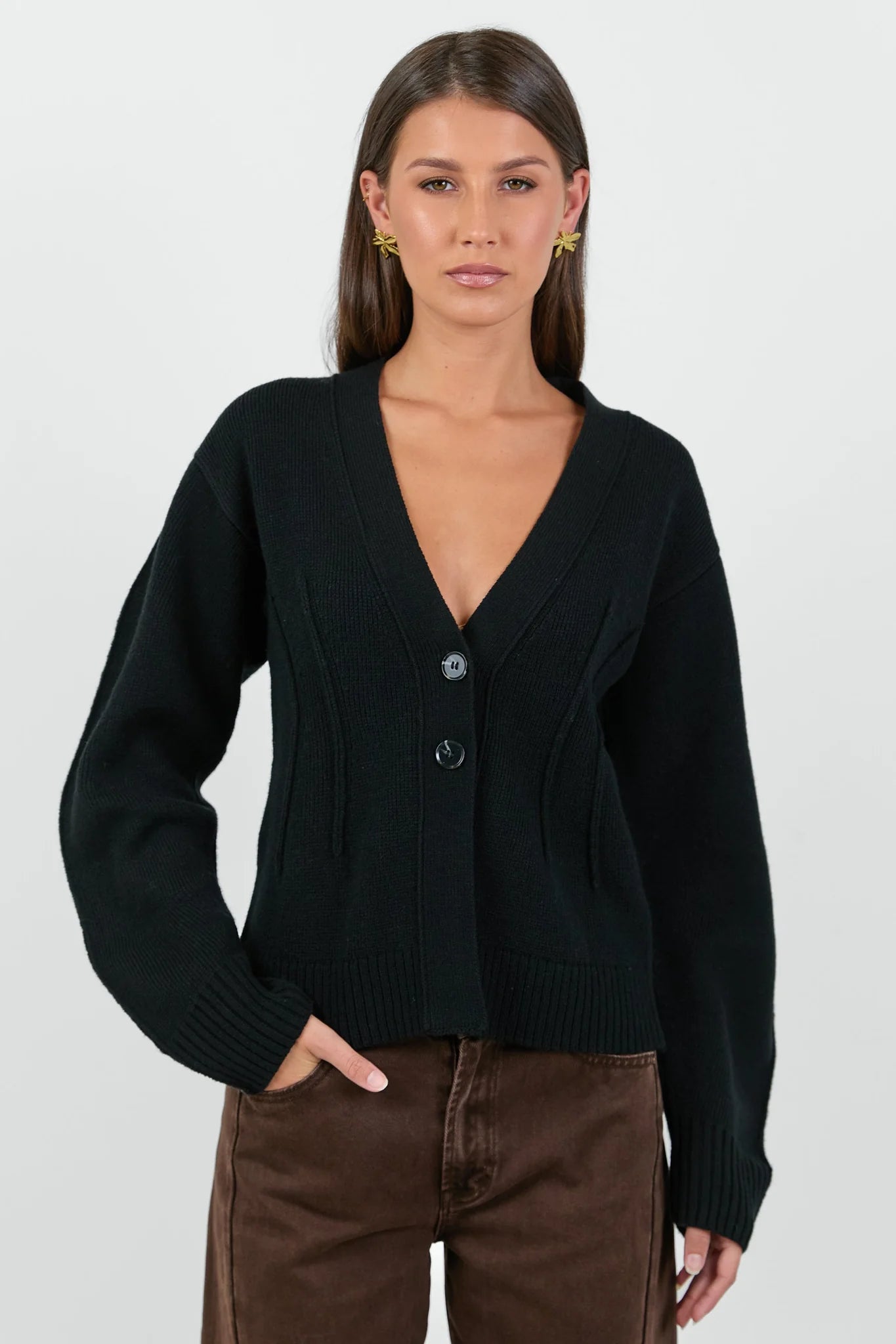 Bespoke Black V Neck Cinched Cardigan