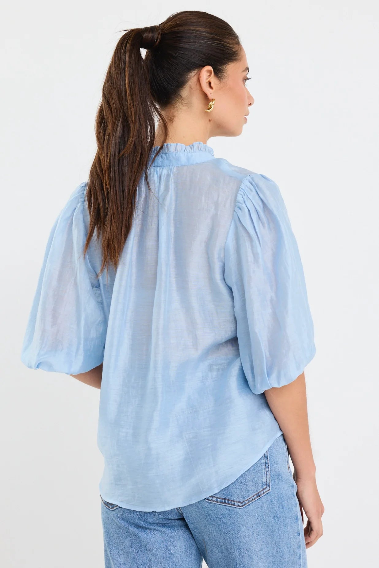 Closure Pale Blue Sheer High Neck Buttoned SS Top