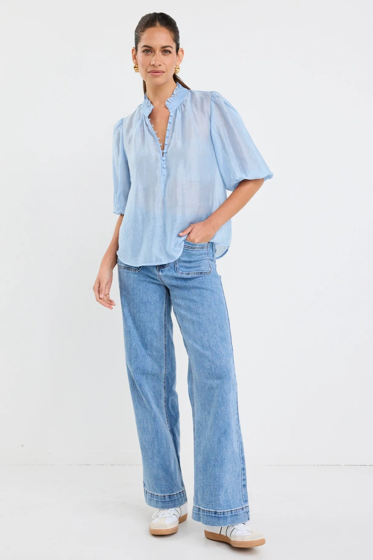 Closure Pale Blue Sheer High Neck Buttoned SS Top