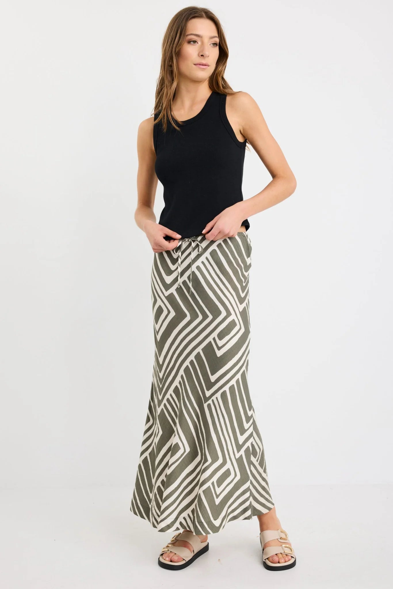 Departure Khaki Maze Print Tie Waist Bias Maxi Skirt