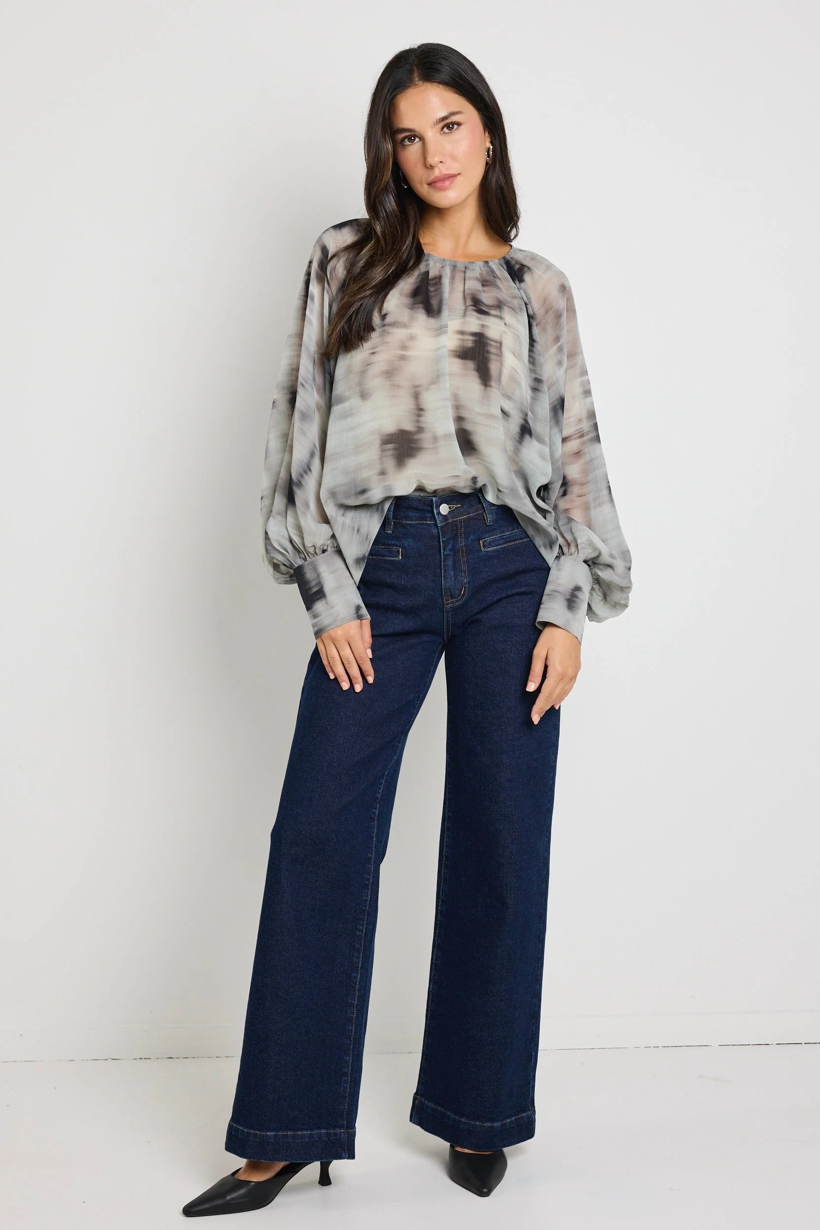 Cosmopolitan Charcoal Smudge Crew Neck Floaty LS Top