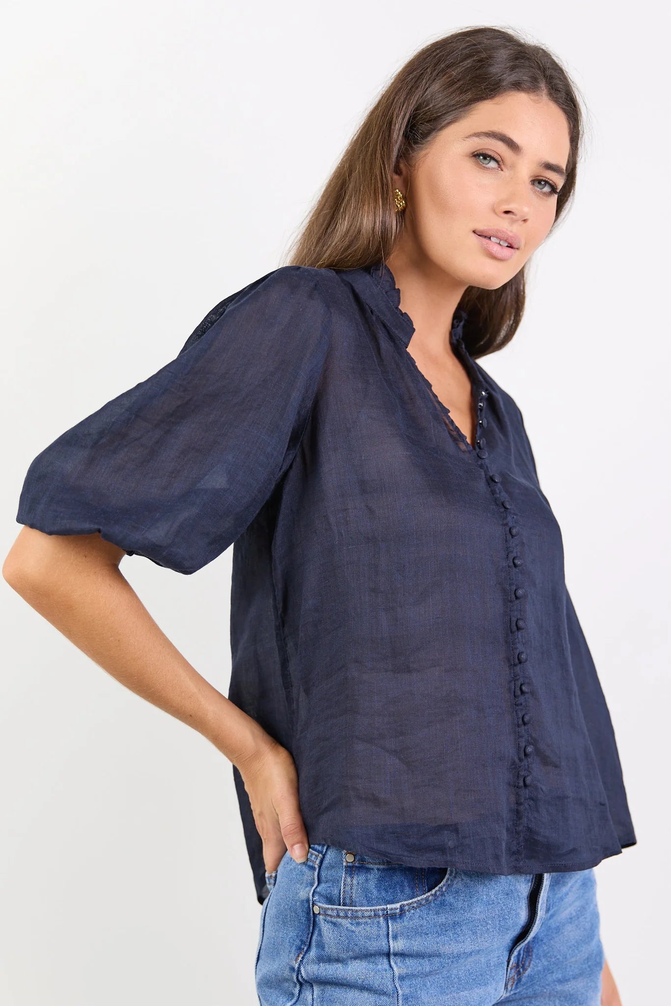 Continuance Navy Ramie High Neck Button SS Top