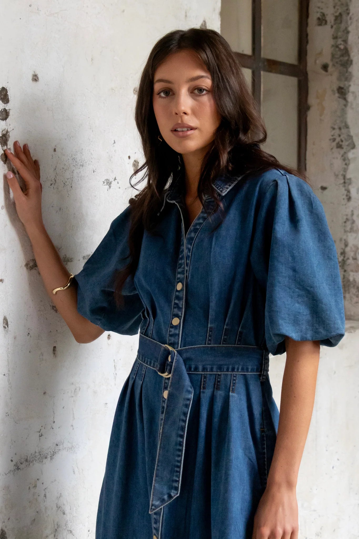 Dusk Storm Blue Denim Puff Sleeve Maxi Shirt Dress