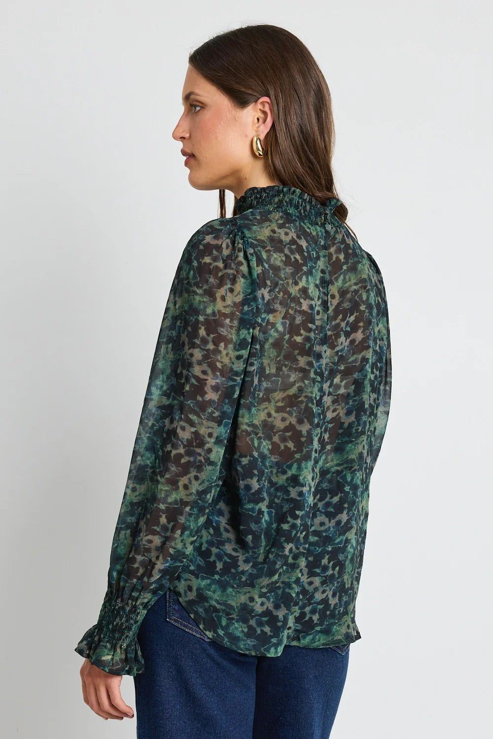 Emphatic Khaki Ditsy Print Shirred Neck Ls Top
