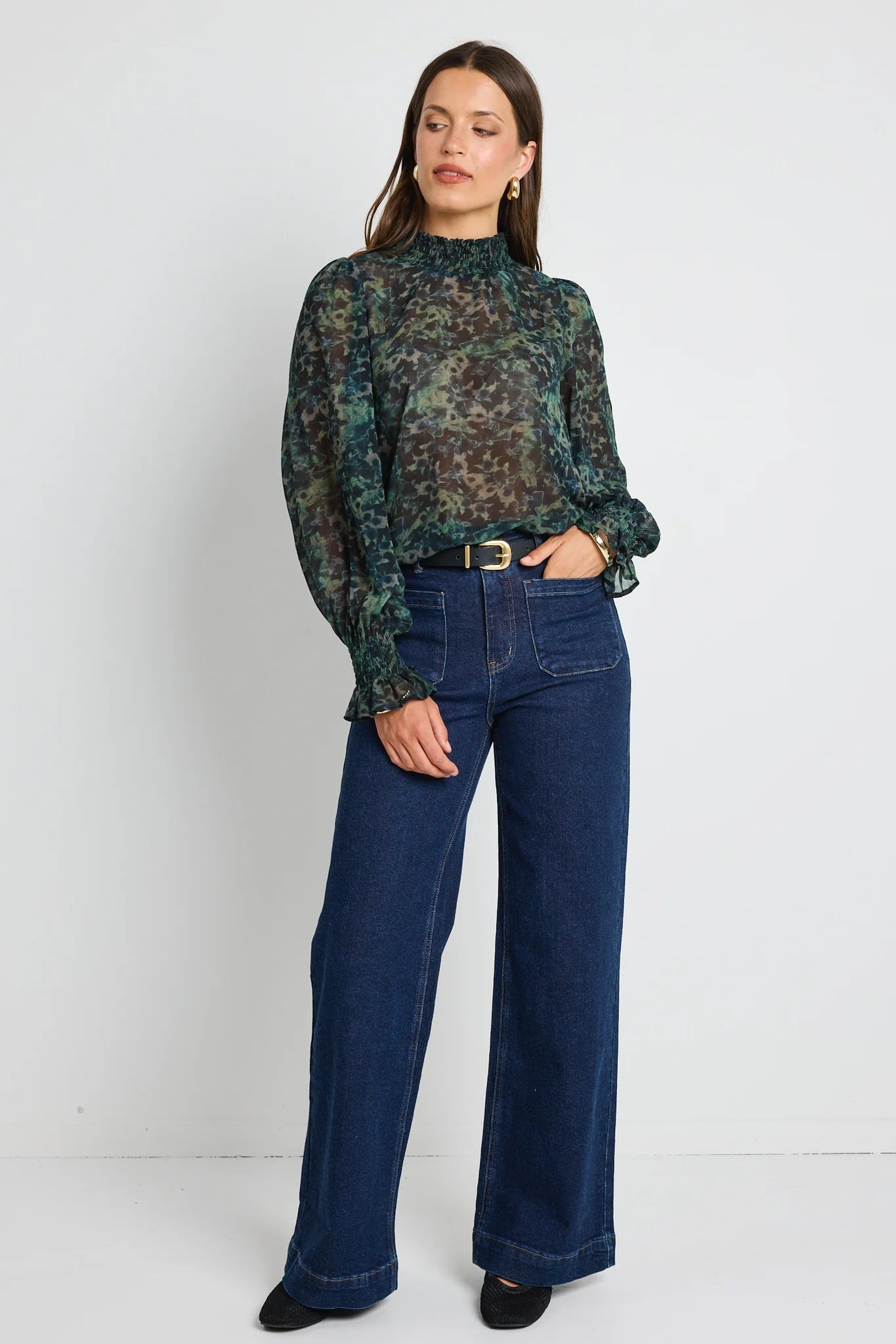Emphatic Khaki Ditsy Print Shirred Neck Ls Top