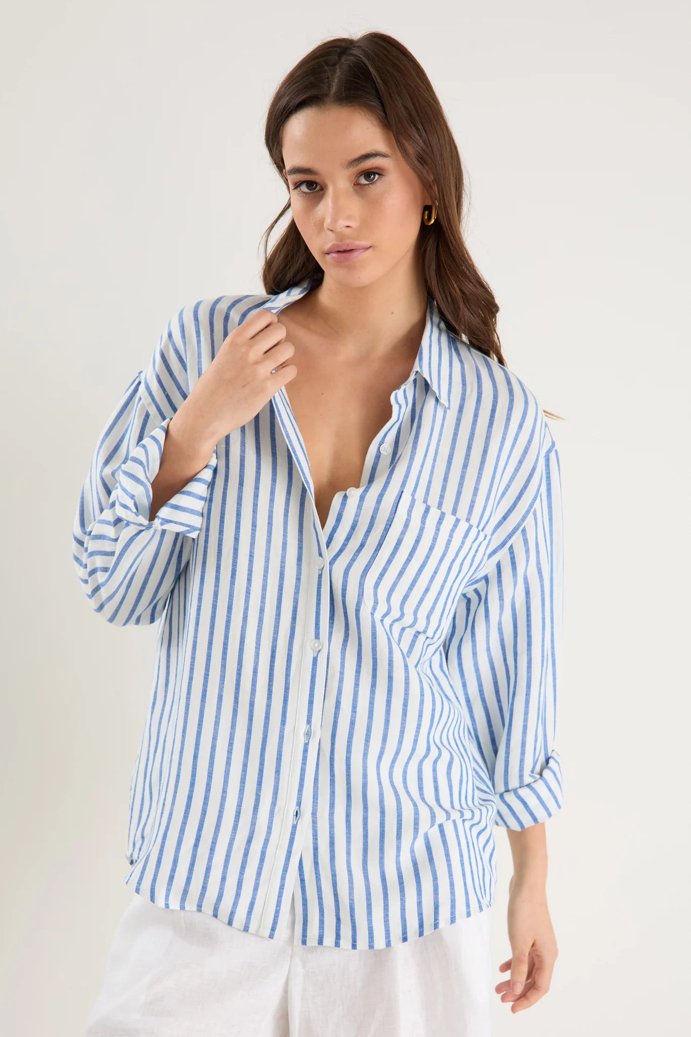 Exalted Blue Stripe Linen Viscose Oversized Shirt