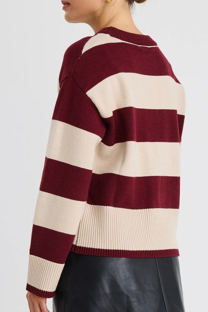 Gravity Burgundy Stripe Crew Neck Knit Jumper