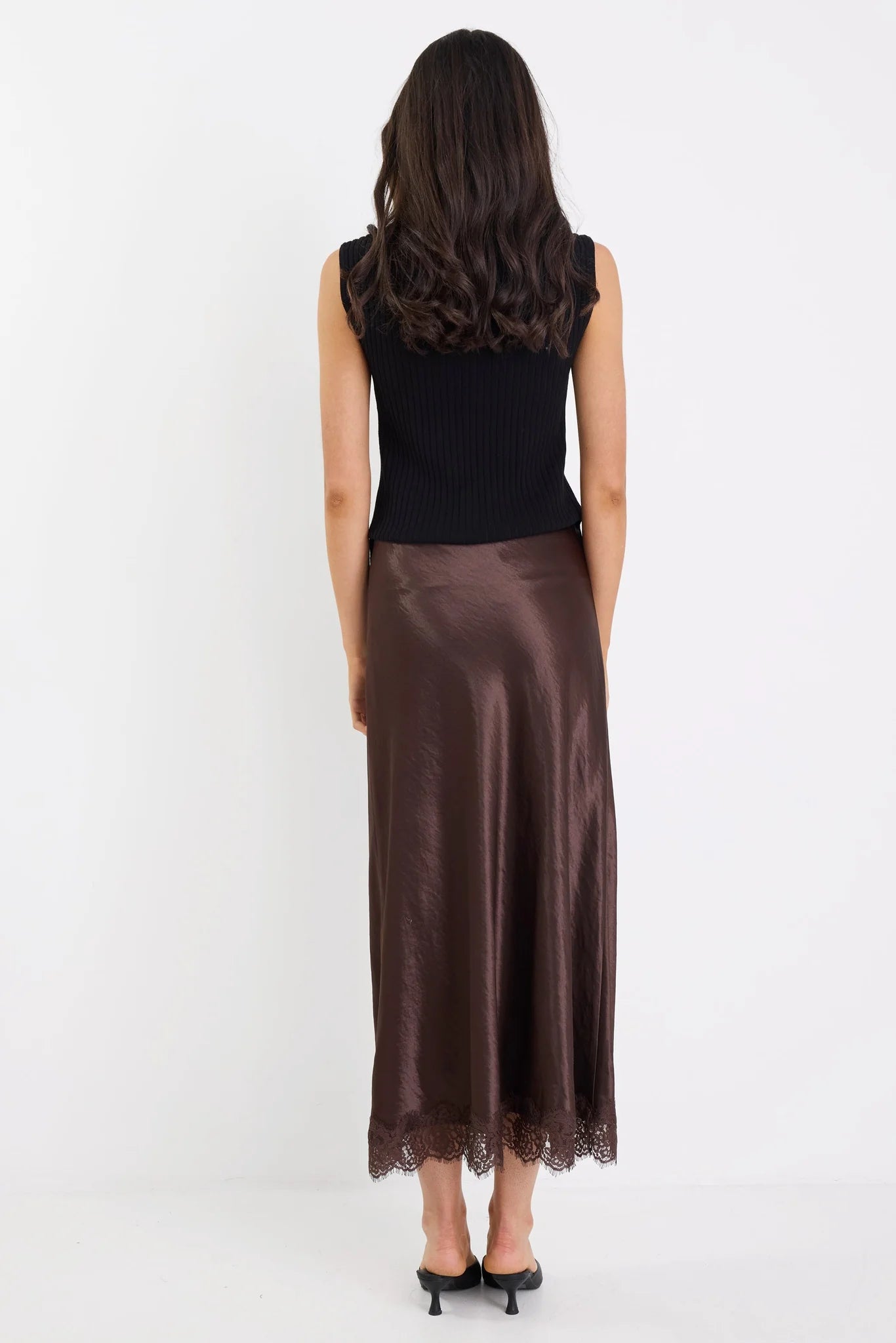 Margarita Chocolate Satin Lace Trim Bias Maxi Skirt
