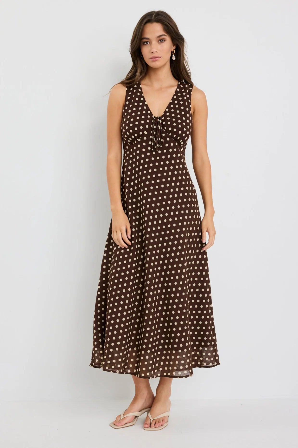 Infinity Chocolate Polka Dot Sleeveless Bias Midi Dress