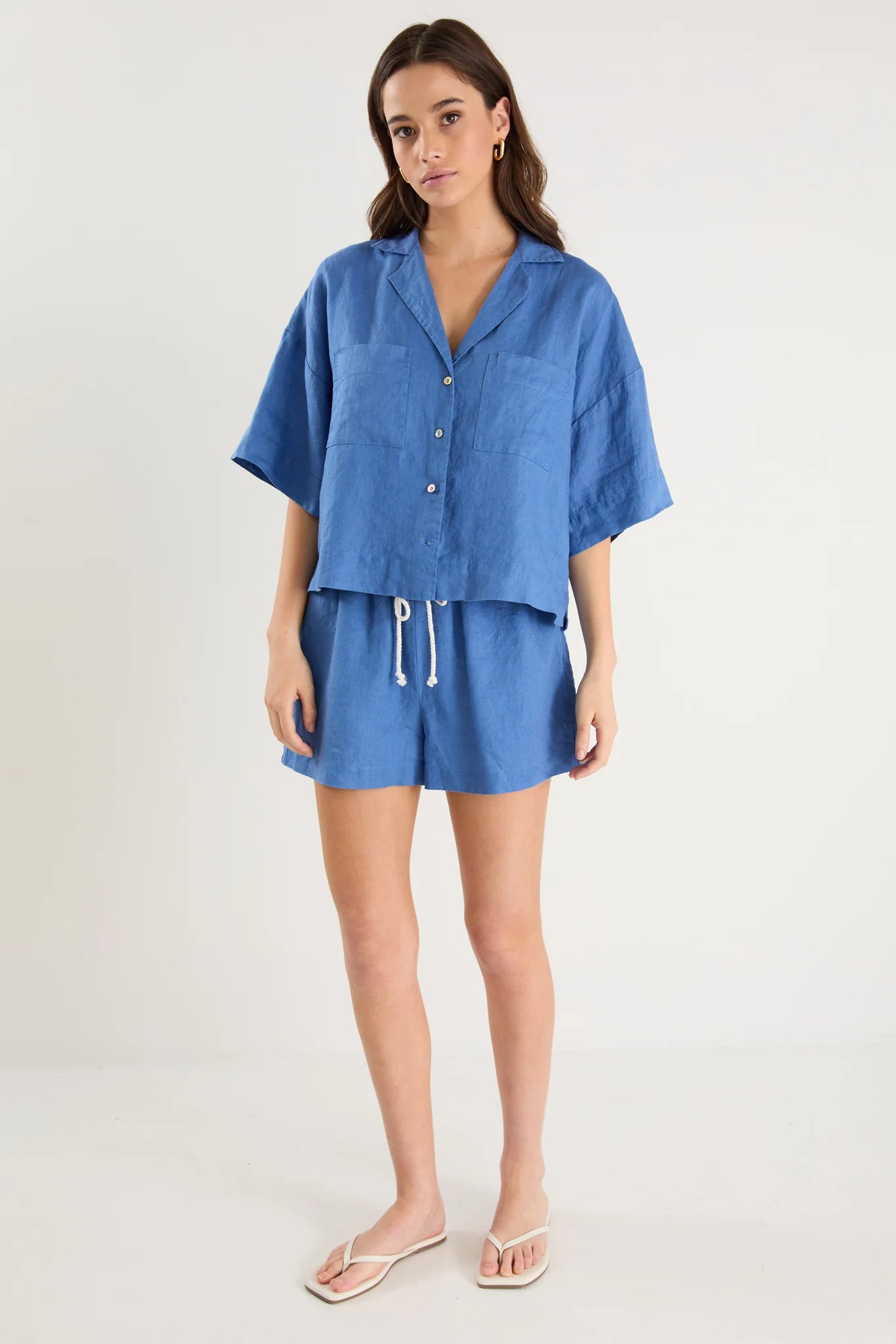Meander Cornflower Blue Linen Boxy SS Shirt