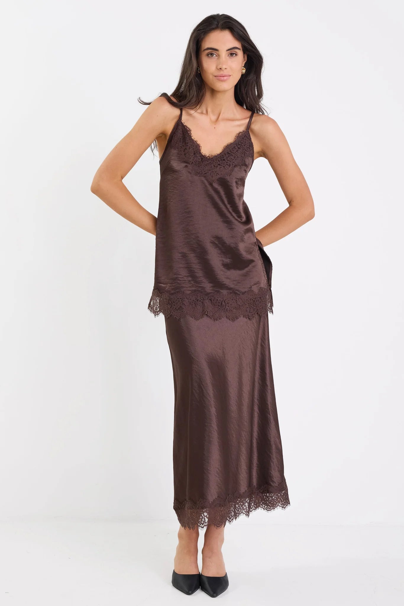 Margarita Chocolate Satin Lace Trim Bias Maxi Skirt