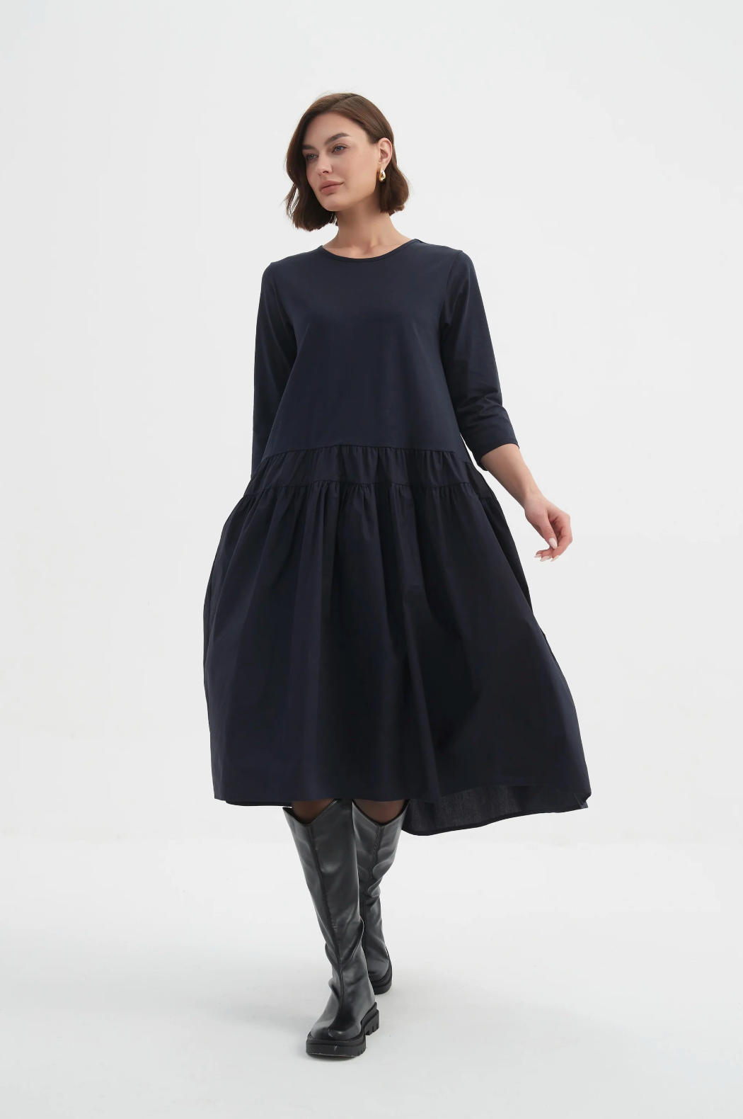 Drop Waist Combi Dress Navy