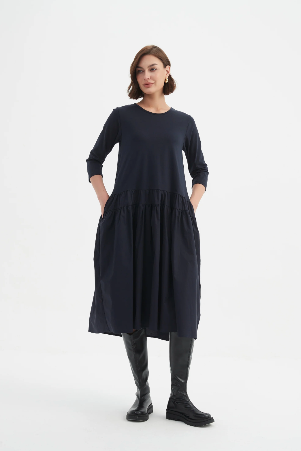Drop Waist Combi Dress Navy