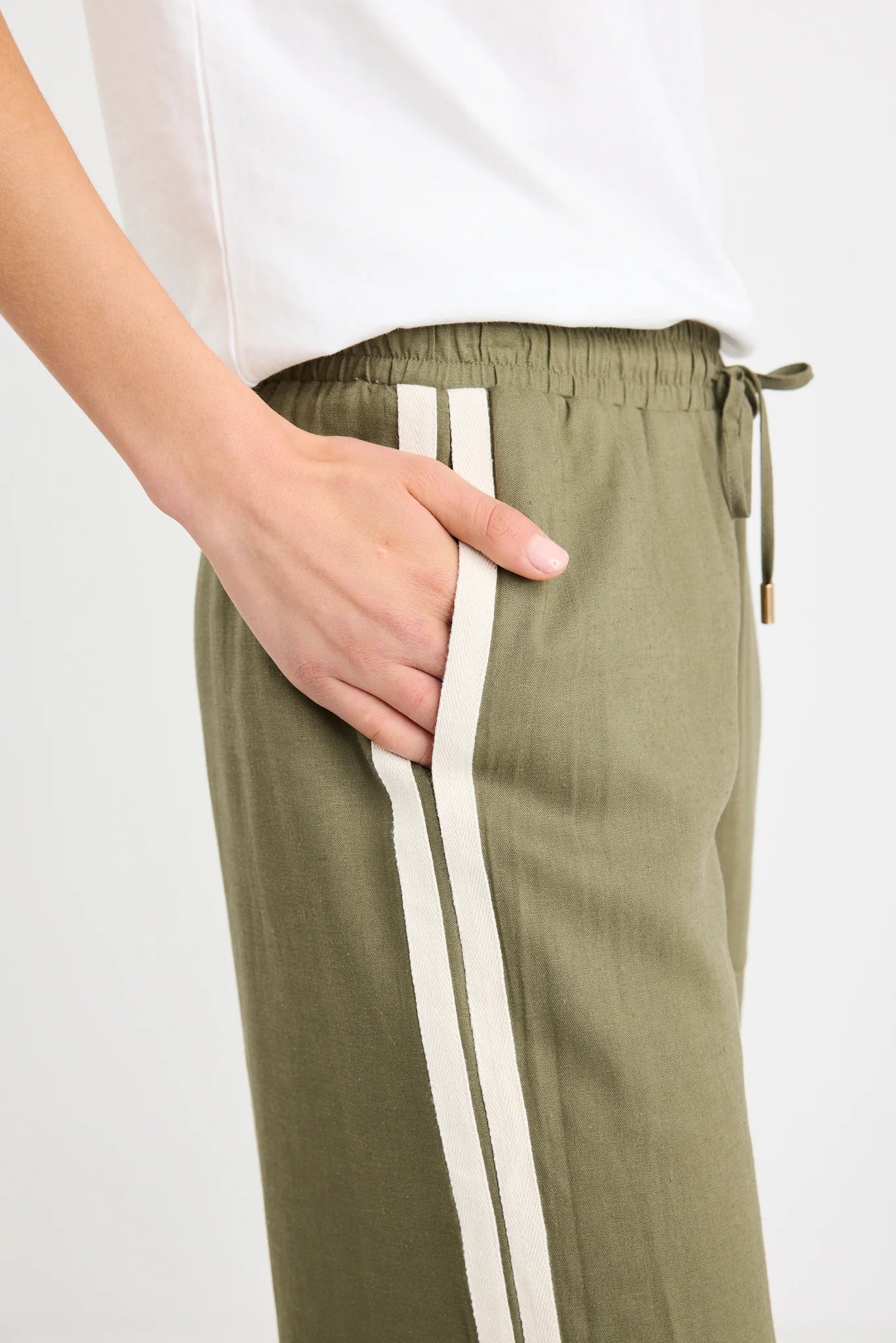 Vibe Khaki Linen Blend Jacquard Stripe Wide Leg Pants