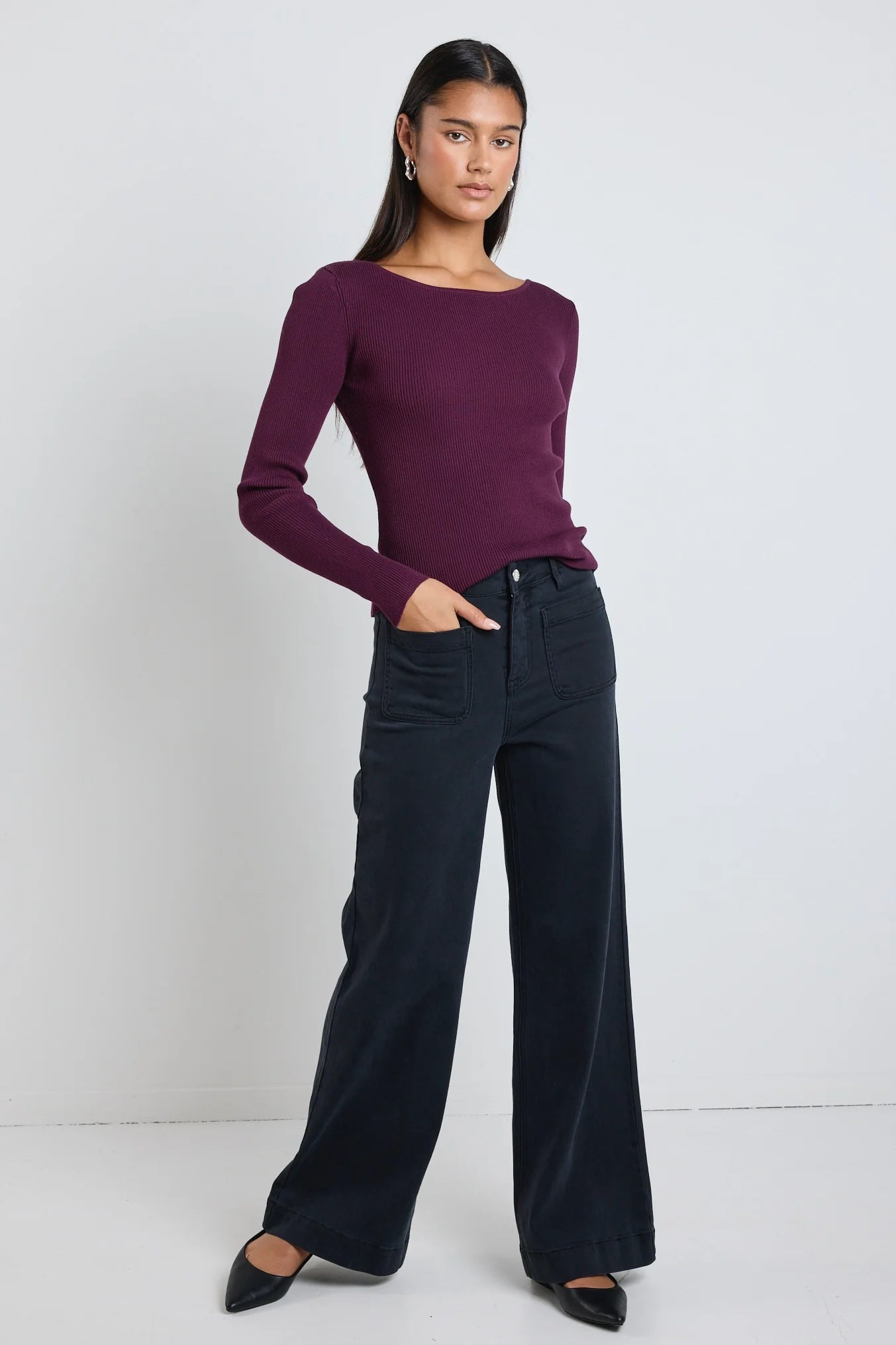 Action Burgundy Boatneck Rib LS Knit Top