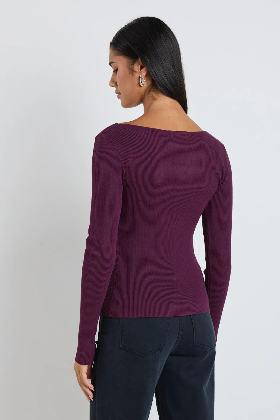 Action Burgundy Boatneck Rib LS Knit Top