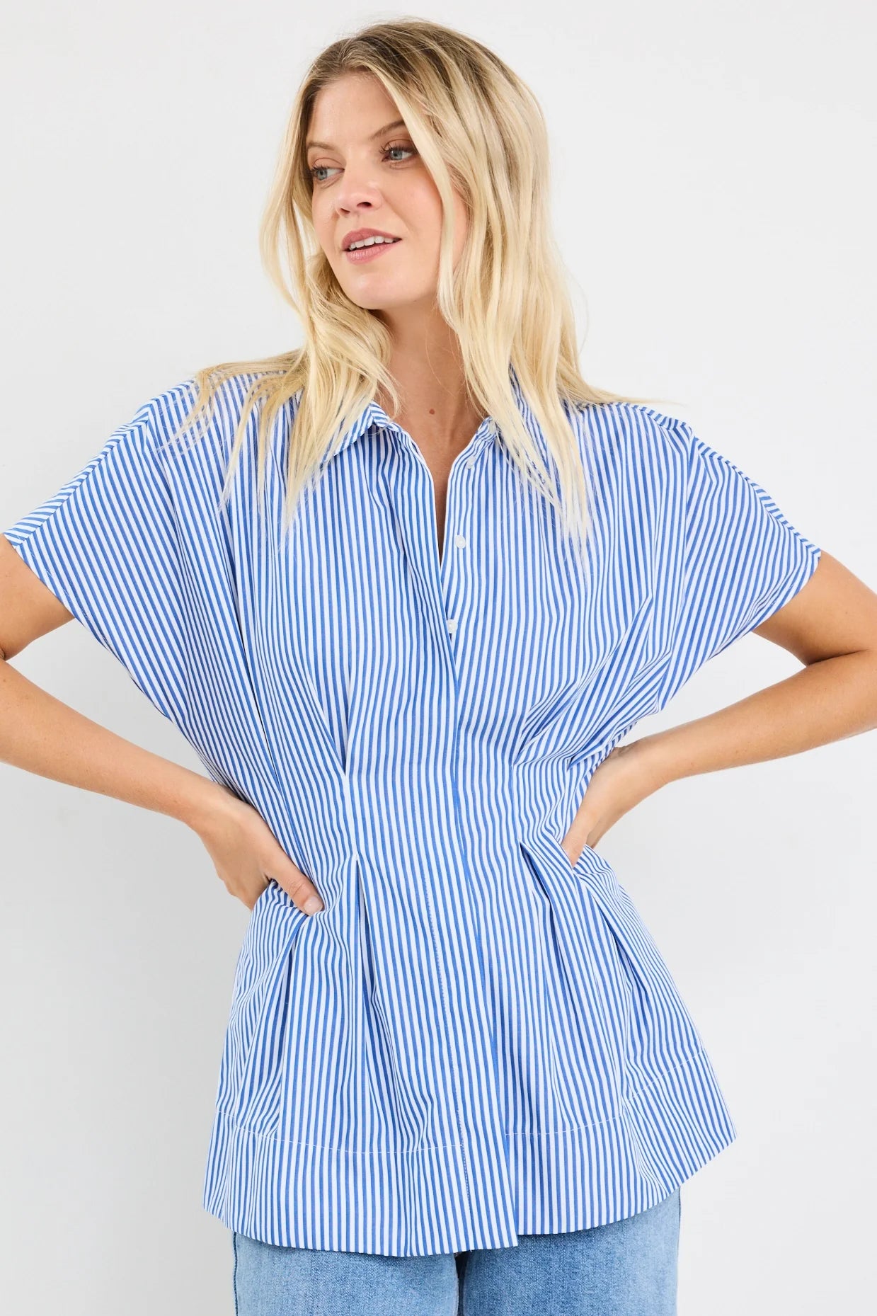 Astute Bright Blue Stripe Sleeveless Corset Detail Top