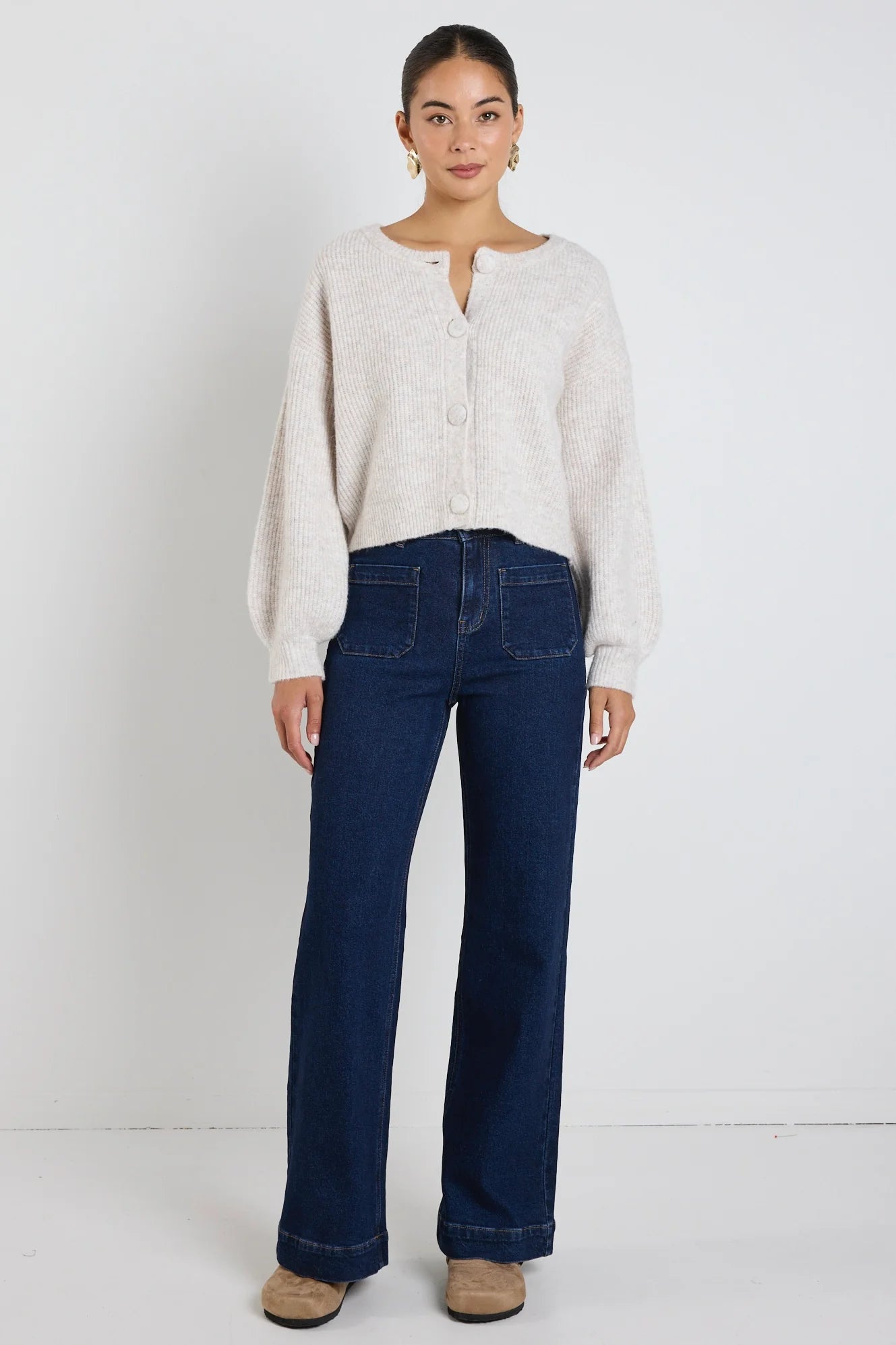 Authentic Oat Marle Chunky Knit Crewneck Cardigan