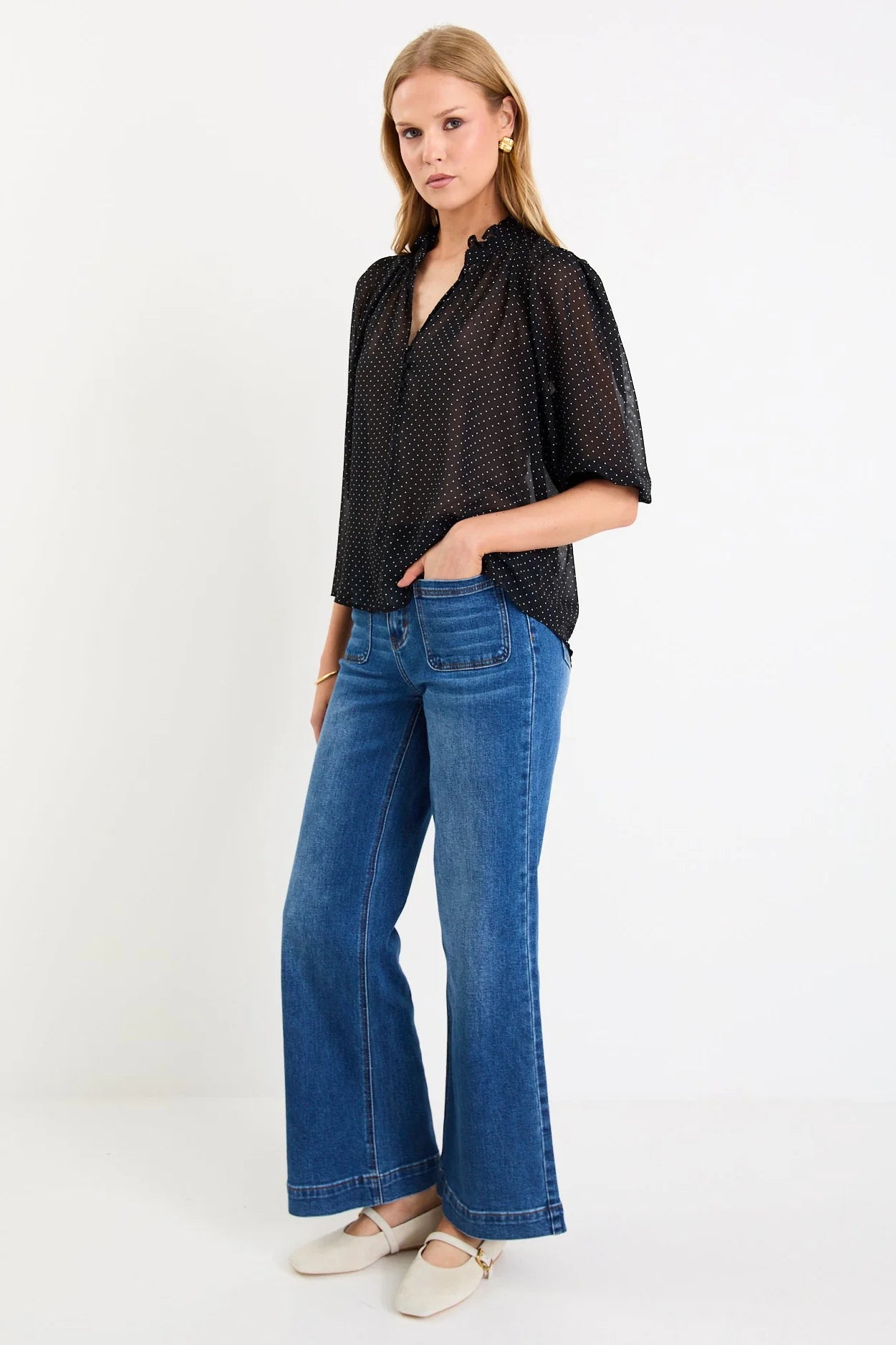 Closure Black Mini Polka Dot High Neck Buttoned SS Top