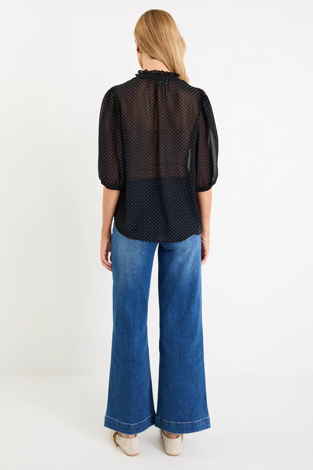 Closure Black Mini Polka Dot High Neck Buttoned SS Top