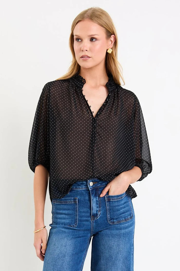 Closure Black Mini Polka Dot High Neck Buttoned SS Top