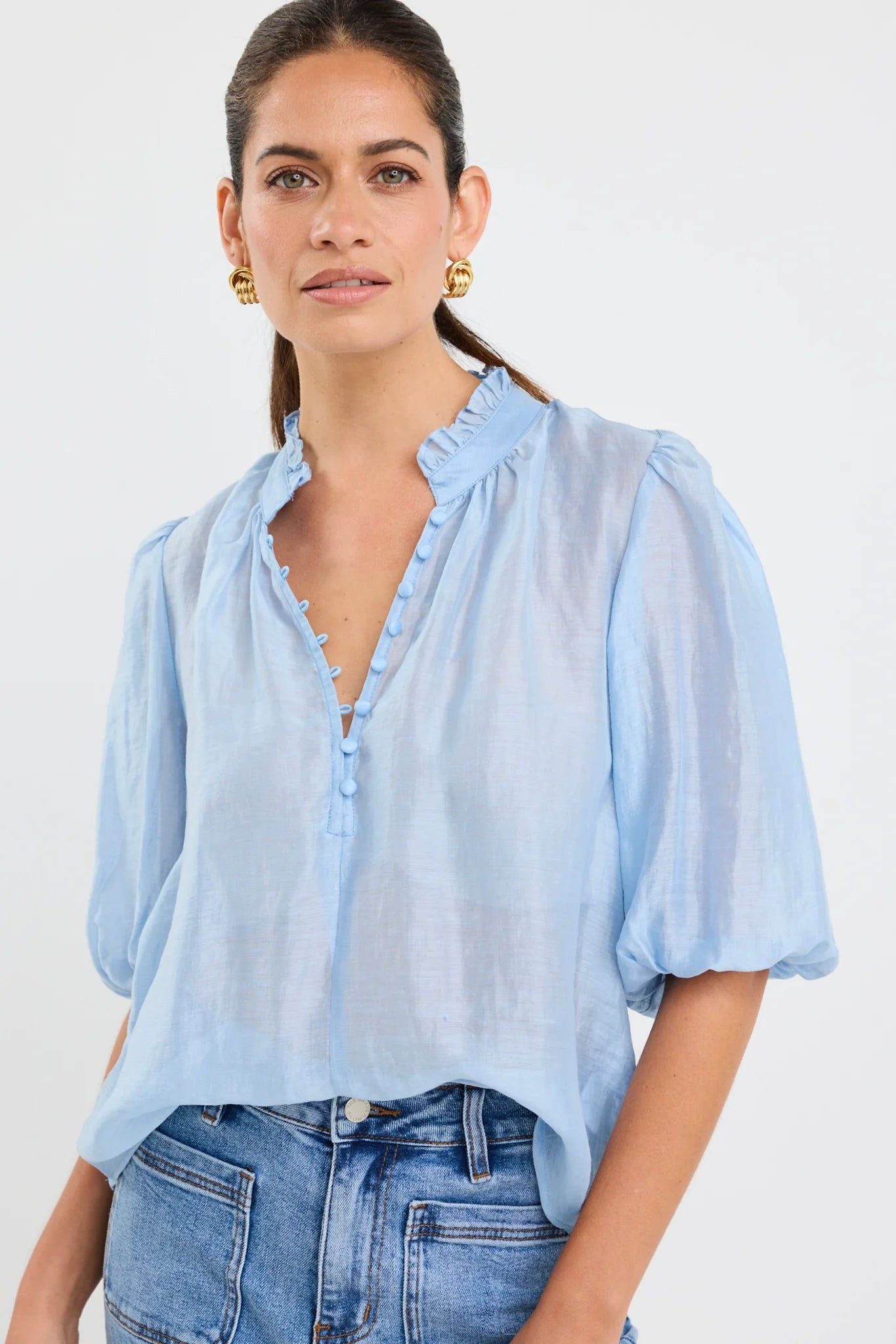 Closure Pale Blue Sheer High Neck Buttoned SS Top