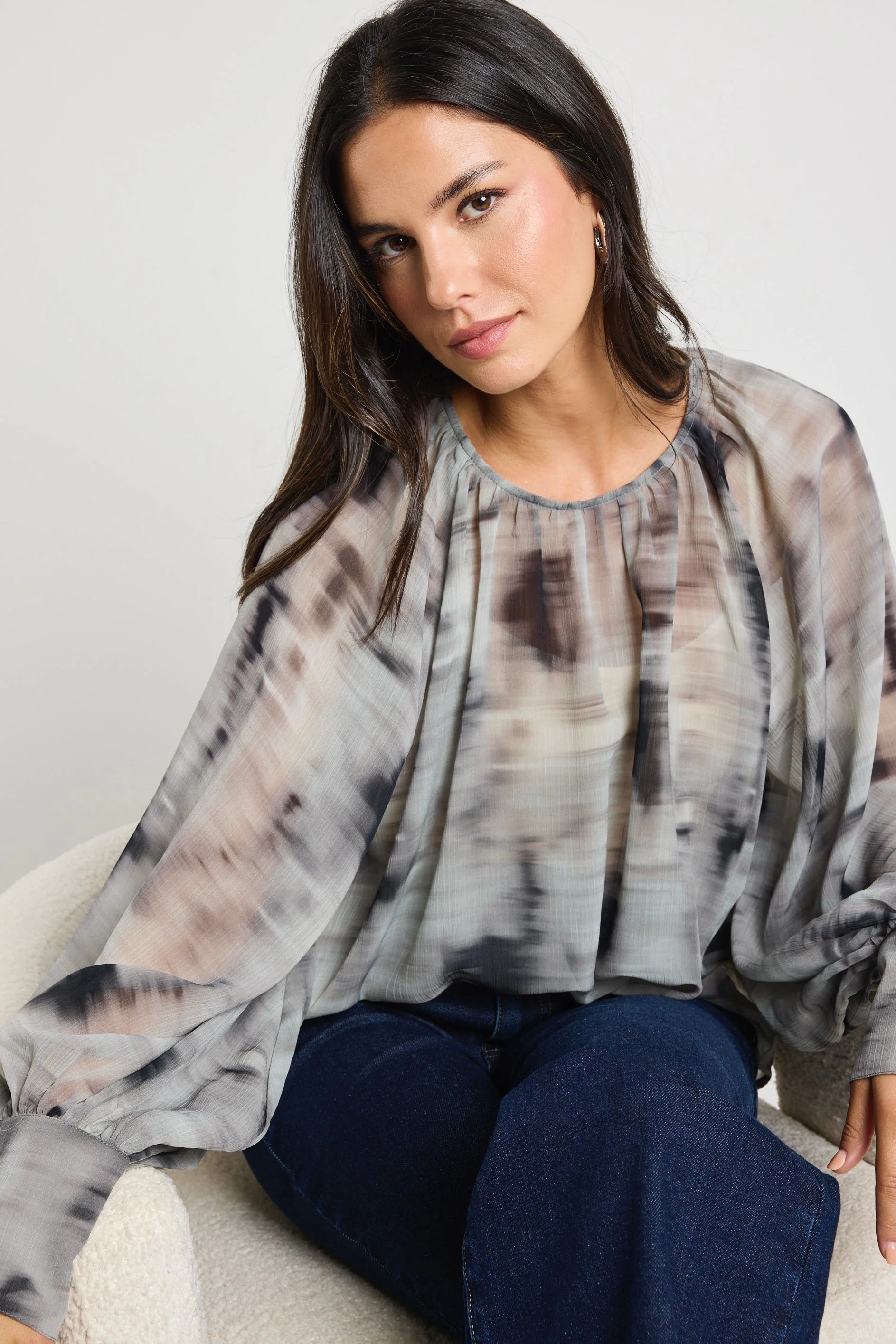 Cosmopolitan Charcoal Smudge Crew Neck Floaty LS Top