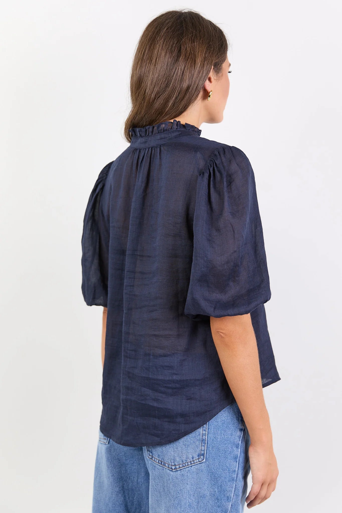 Continuance Navy Ramie High Neck Button SS Top