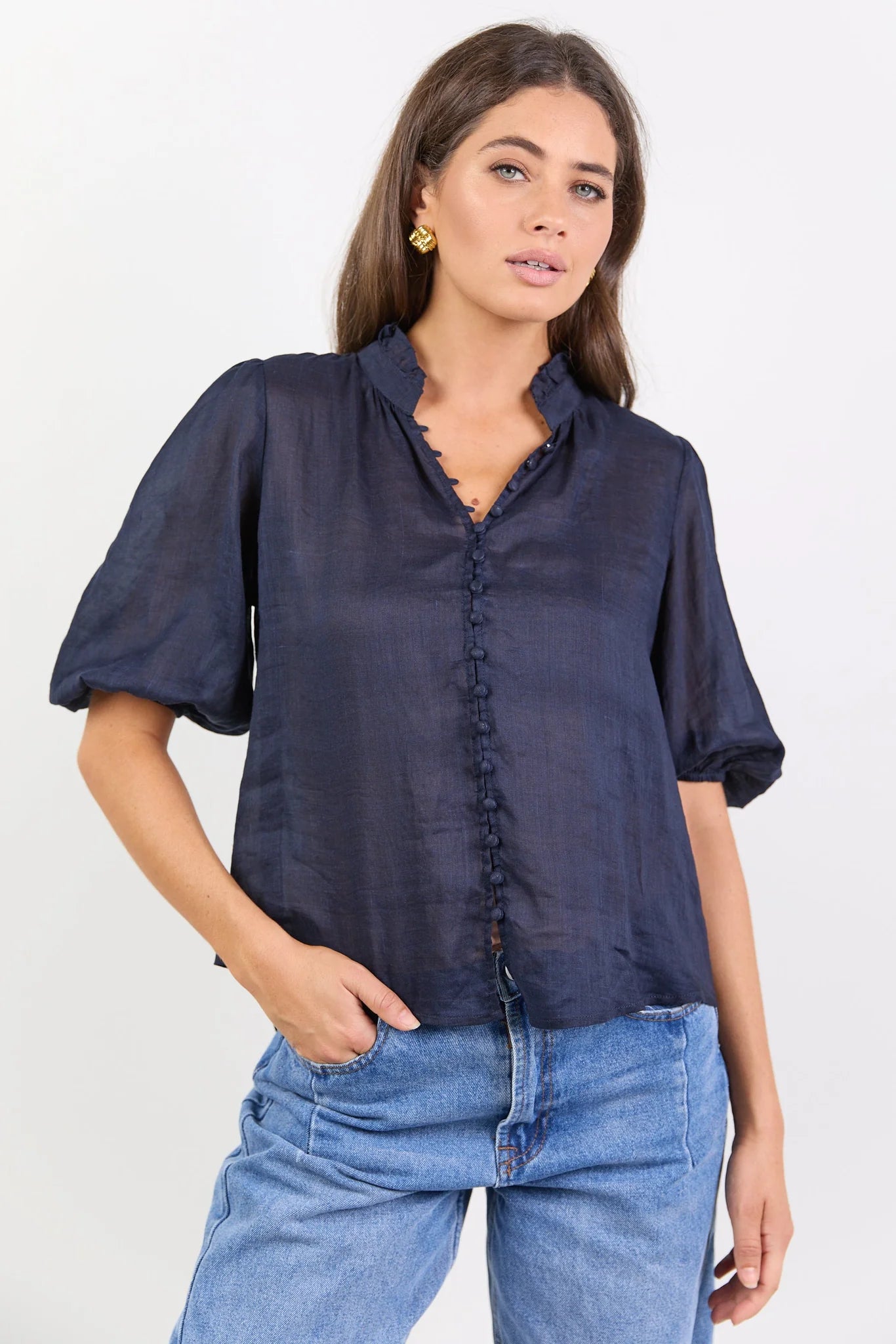 Continuance Navy Ramie High Neck Button SS Top