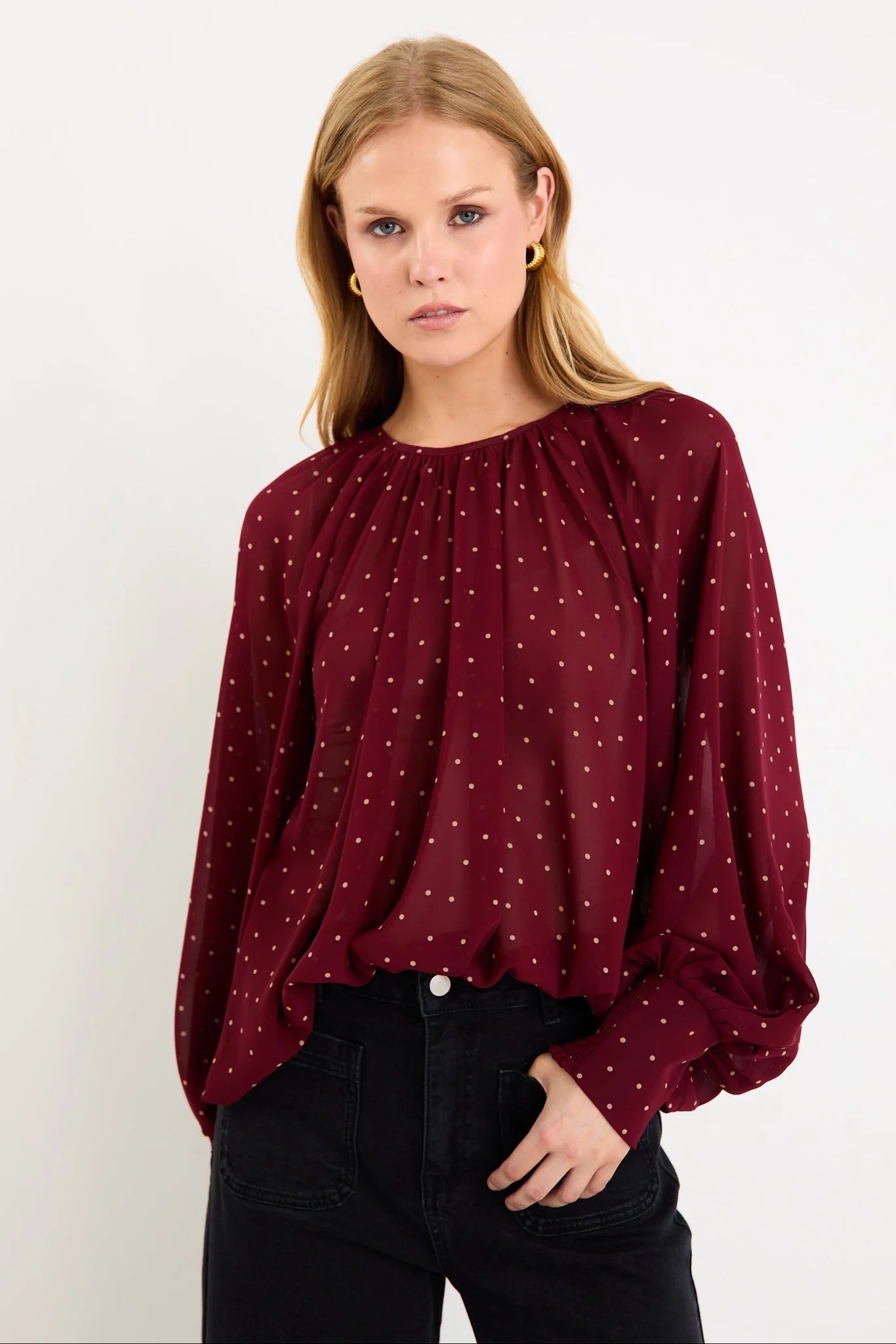 Cosmopolitan Burgundy Polka Dot Crew Neck Floaty LS Top