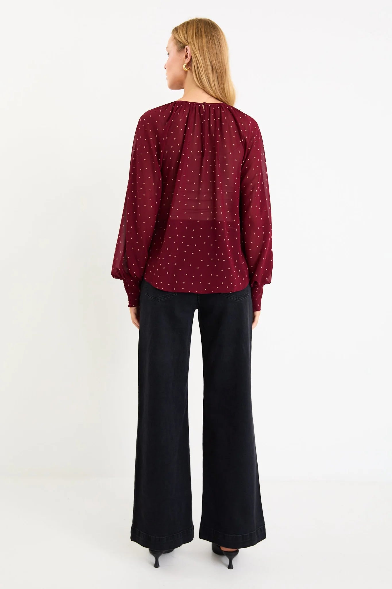 Cosmopolitan Burgundy Polka Dot Crew Neck Floaty LS Top