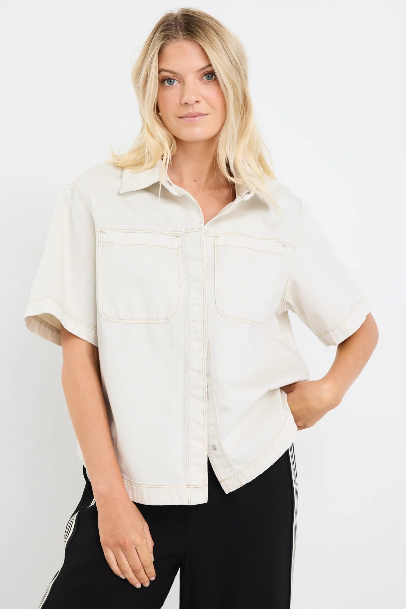 Crucial Ecru Denim Short Sleeve Shacket