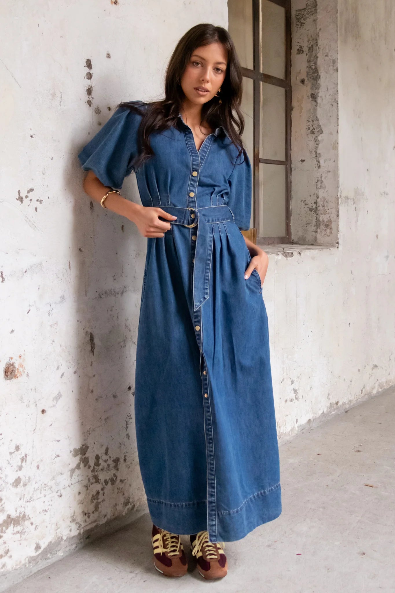 Dusk Storm Blue Denim Puff Sleeve Maxi Shirt Dress