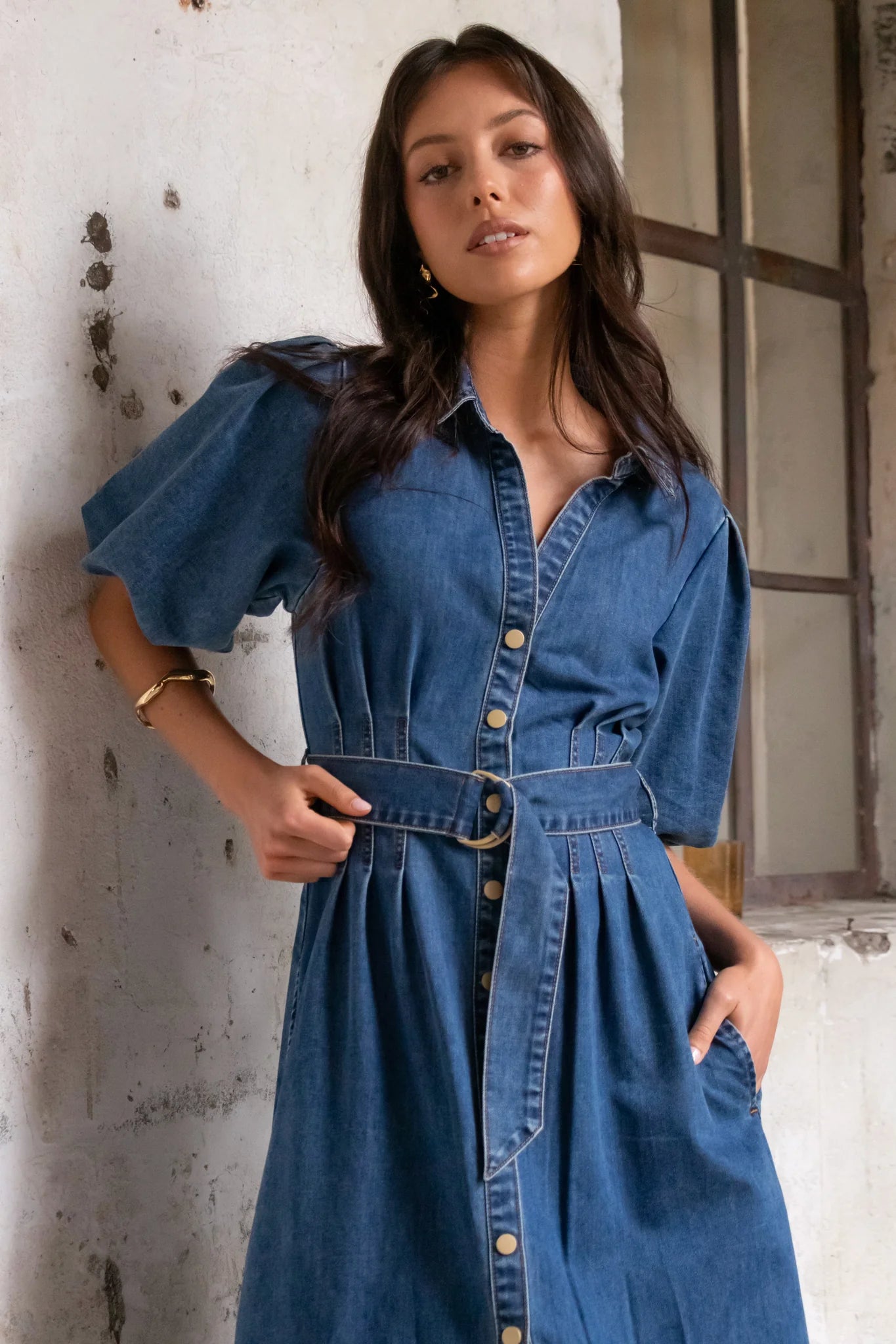 Dusk Storm Blue Denim Puff Sleeve Maxi Shirt Dress