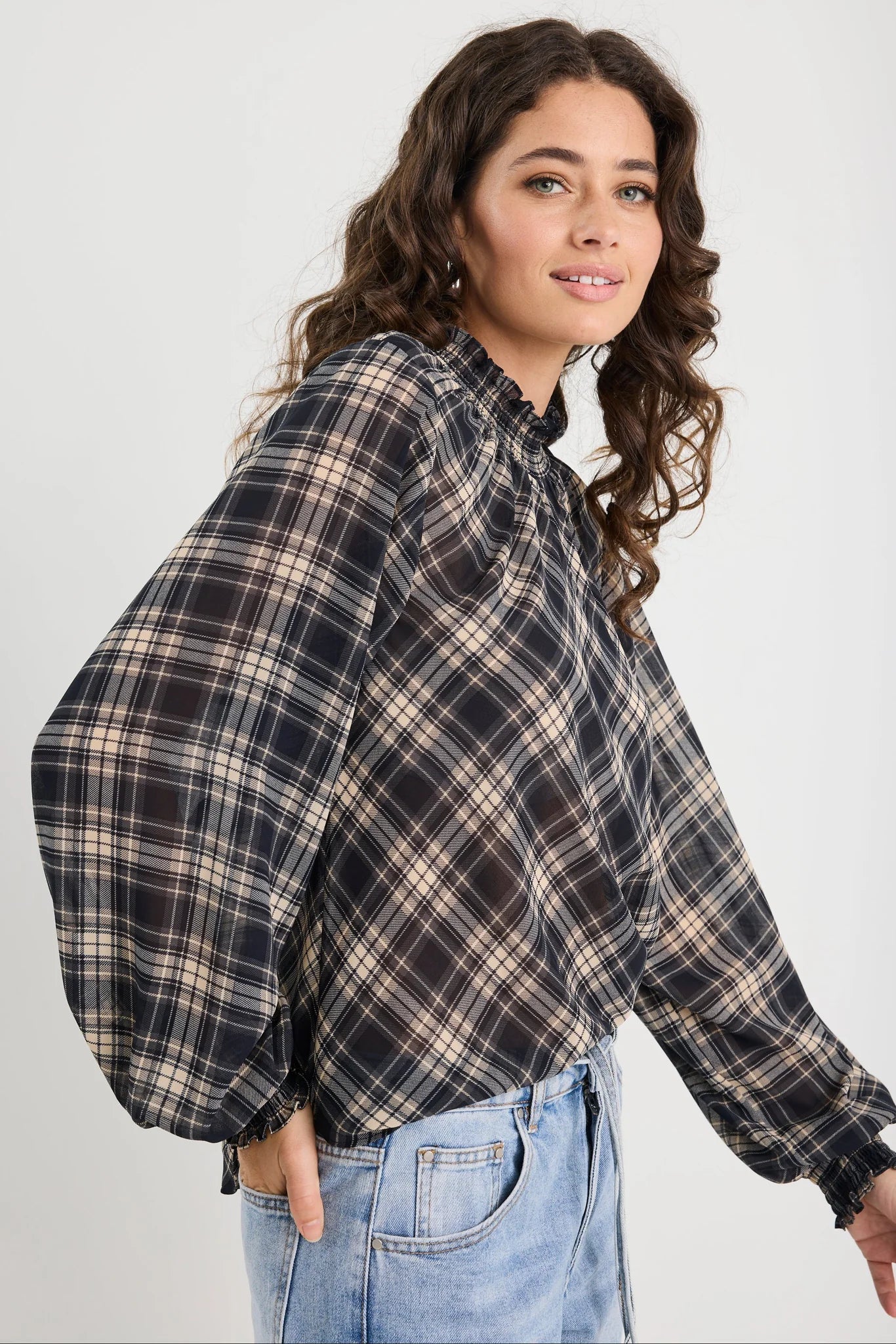 Embrace Black Check Chiffon Shirred Neck LS Top