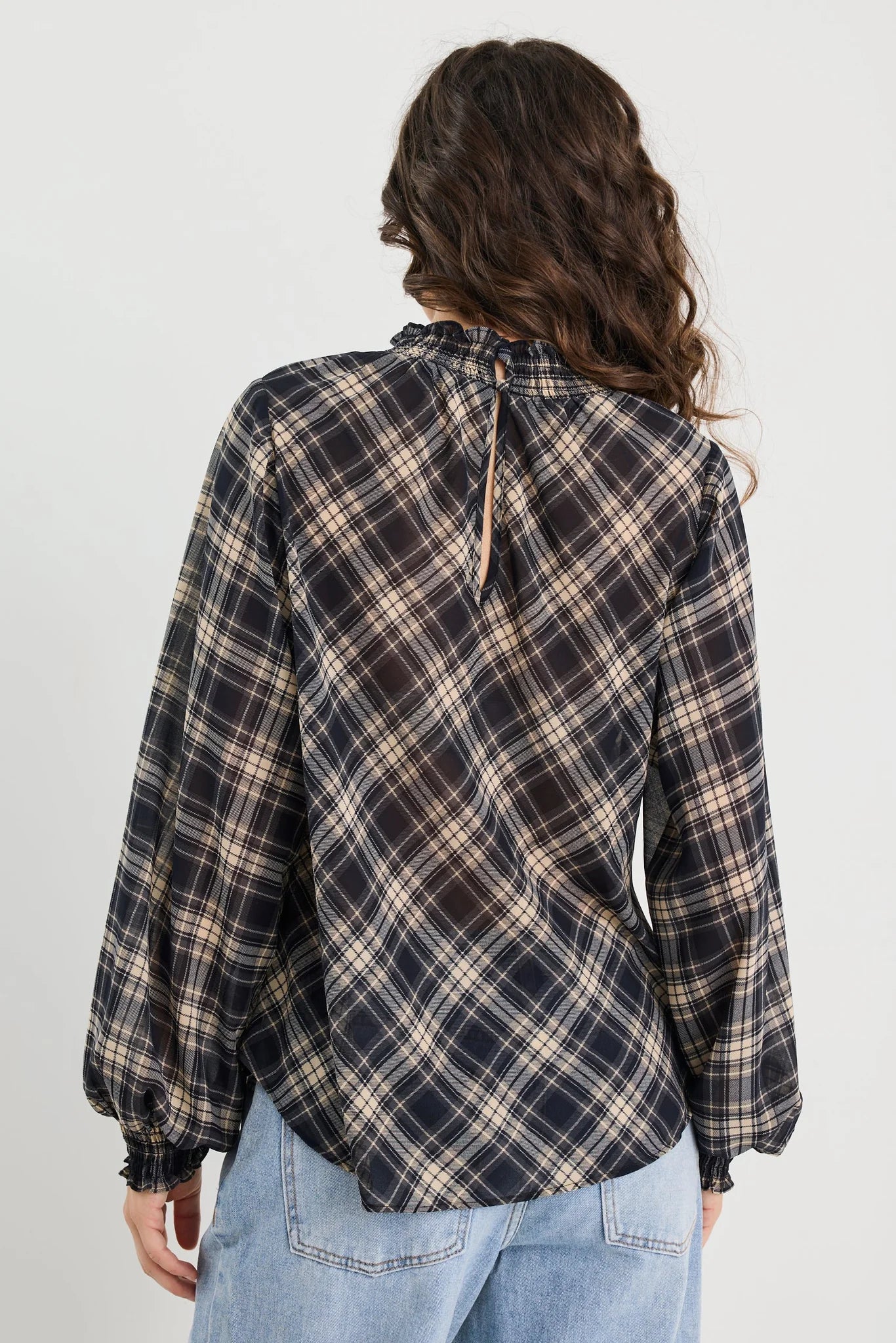 Embrace Black Check Chiffon Shirred Neck LS Top