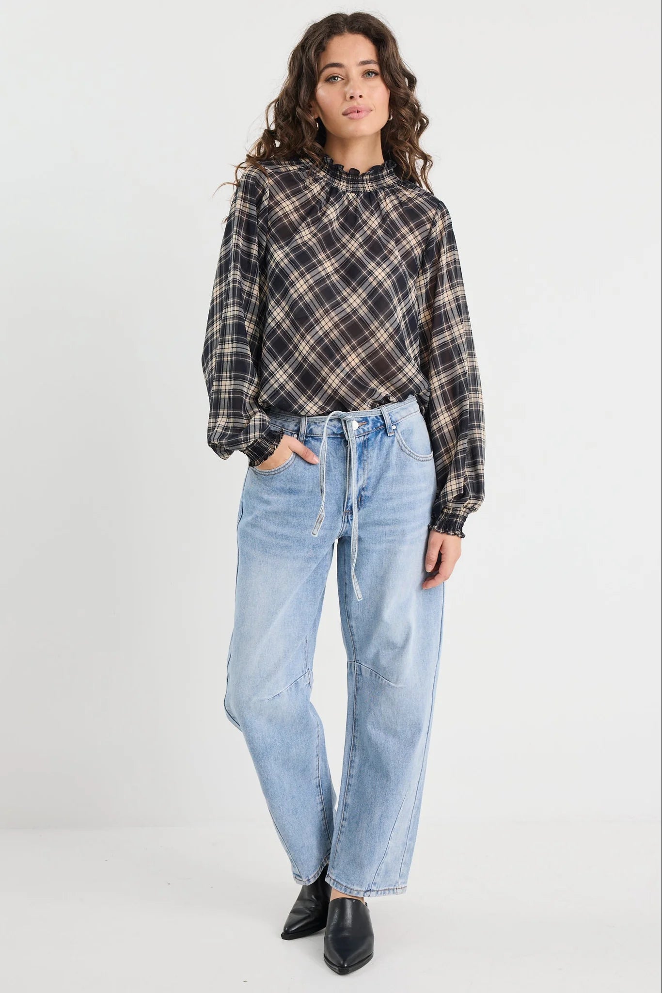 Embrace Black Check Chiffon Shirred Neck LS Top