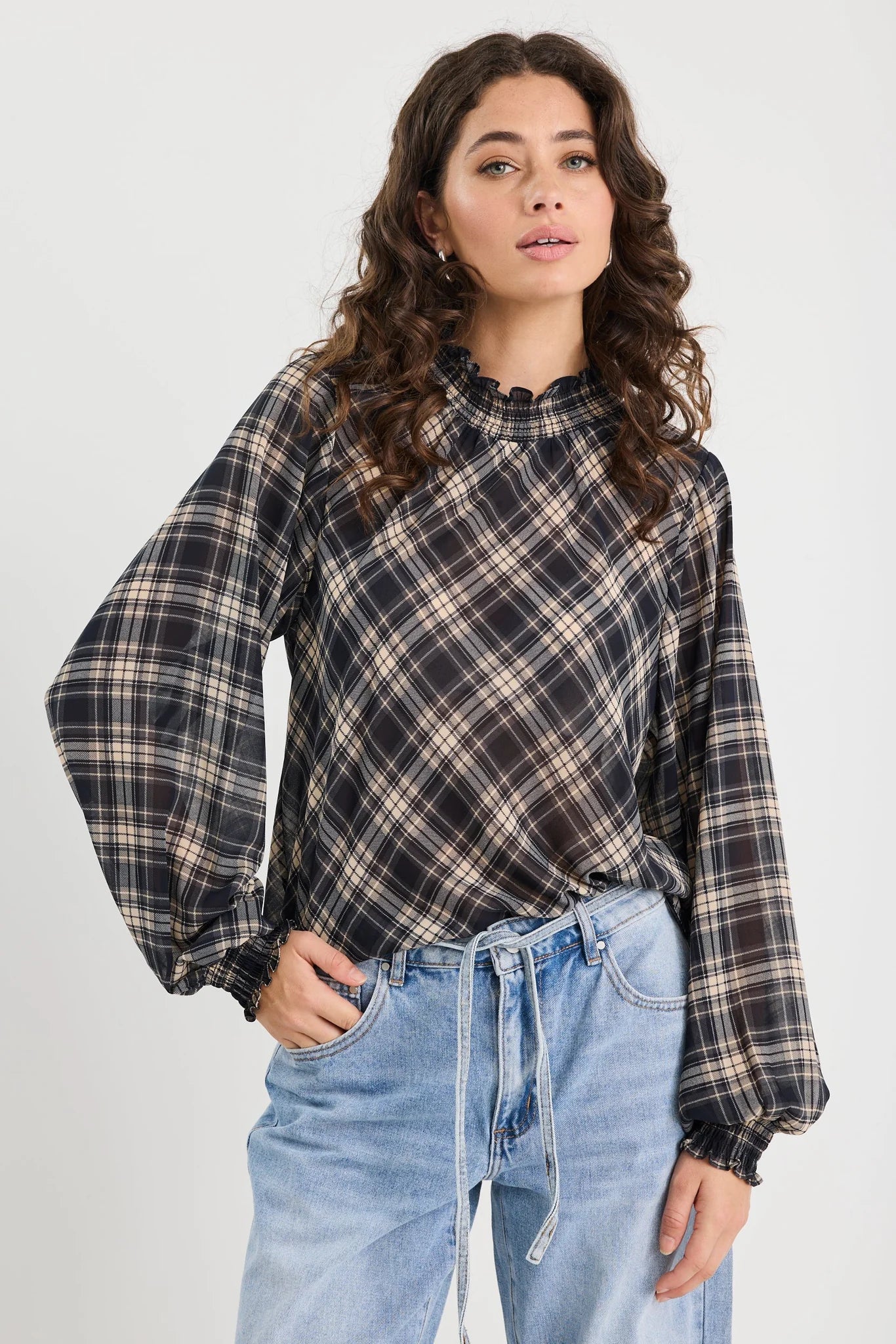 Embrace Black Check Chiffon Shirred Neck LS Top