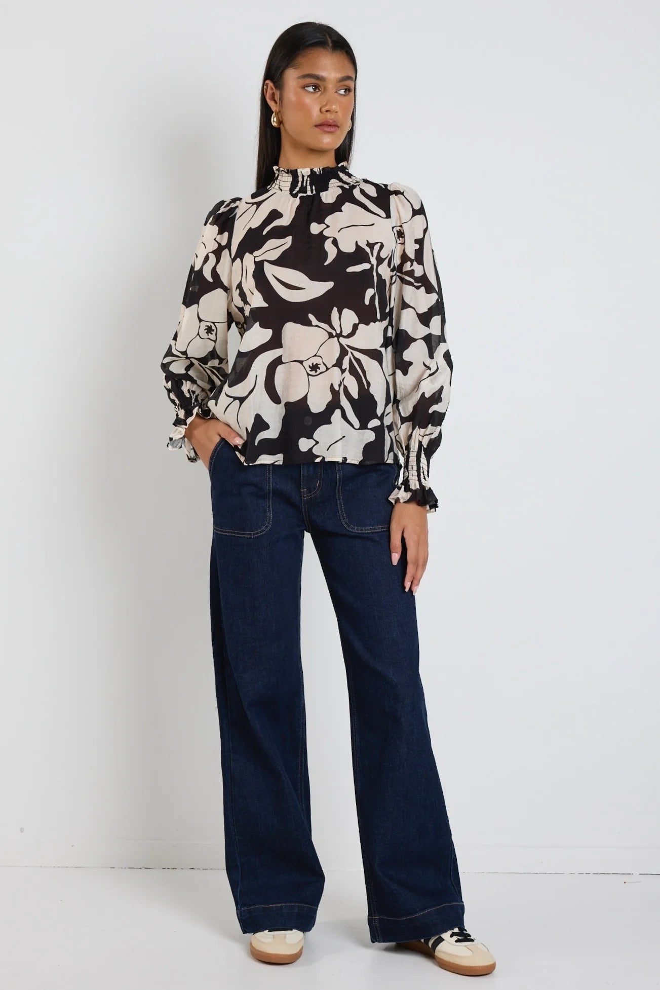 Emphatic Black Floral High Neck LS Top