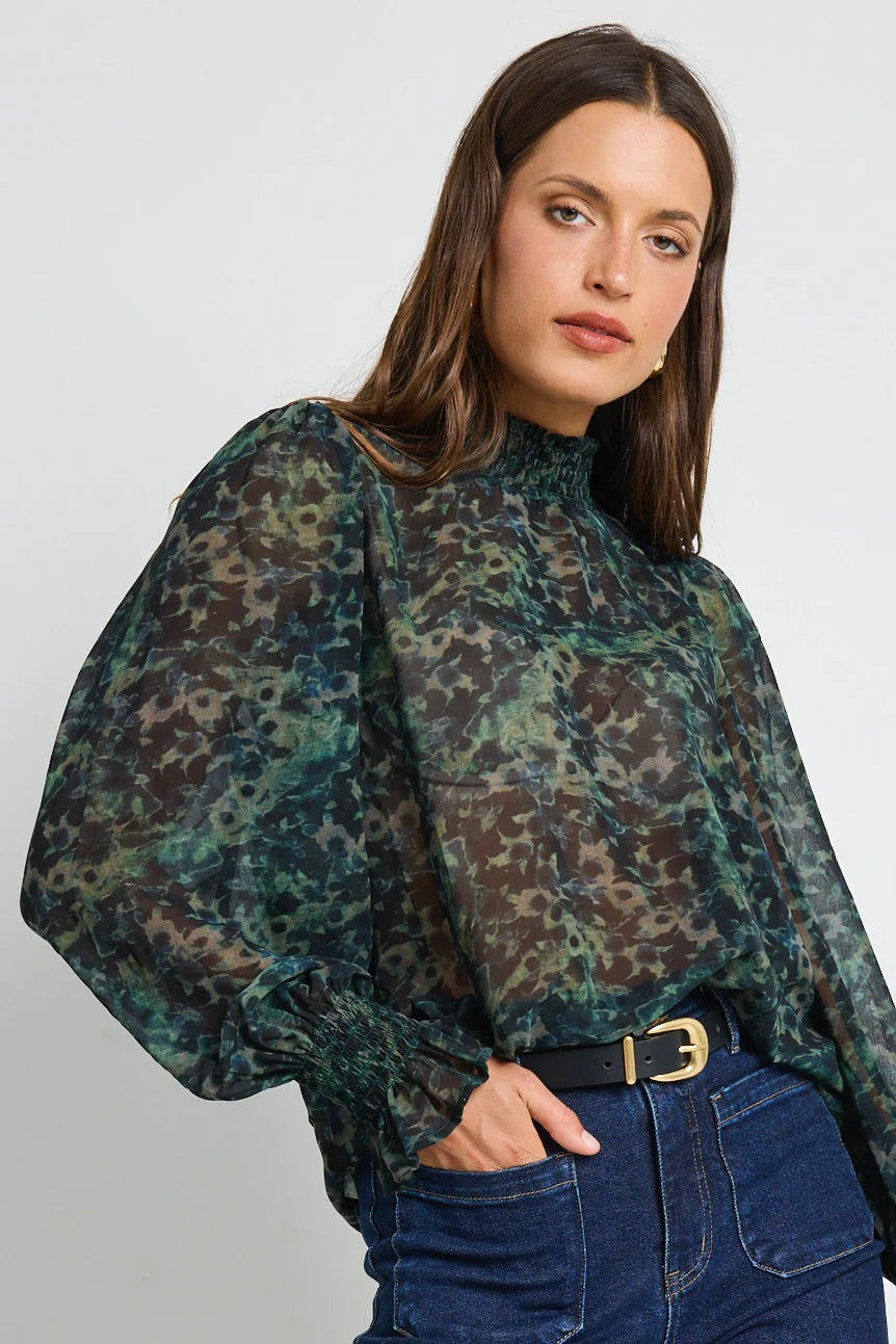 Emphatic Khaki Ditsy Print Shirred Neck Ls Top