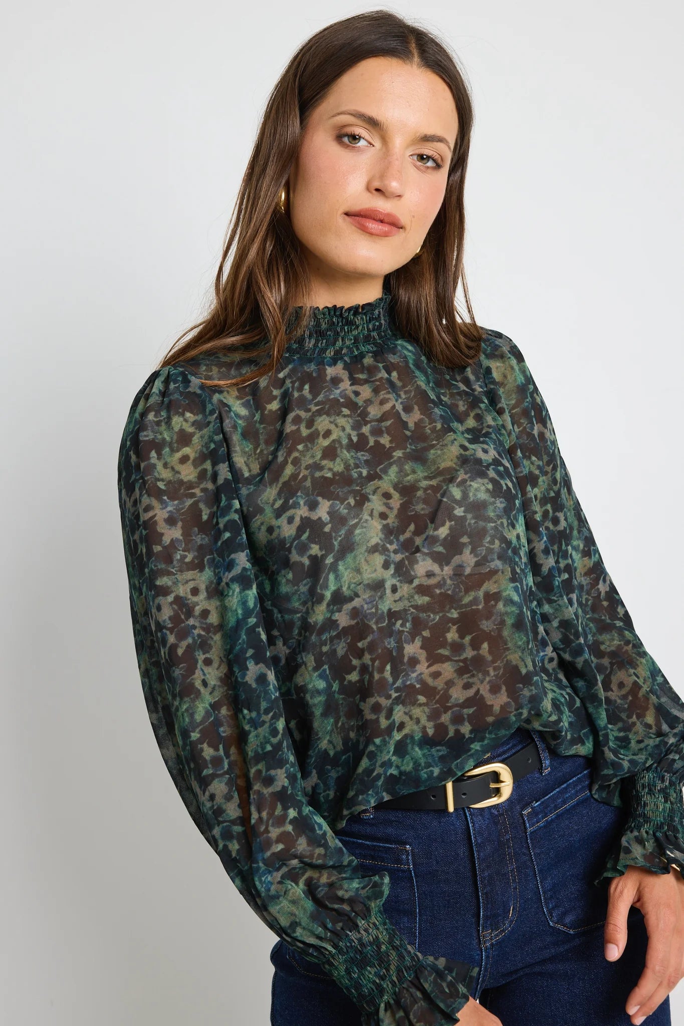 Emphatic Khaki Ditsy Print Shirred Neck Ls Top