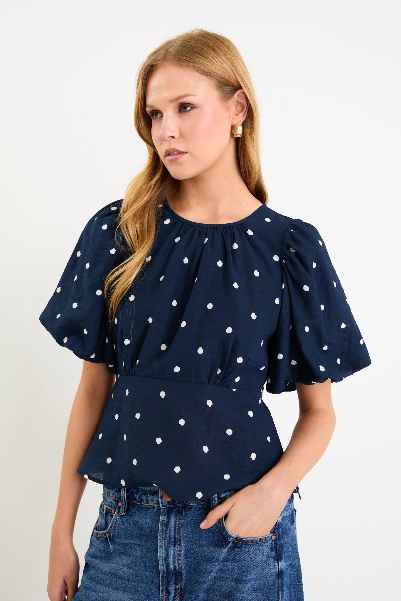 Finali Navy Polka Dot Bubble Sleeve Top