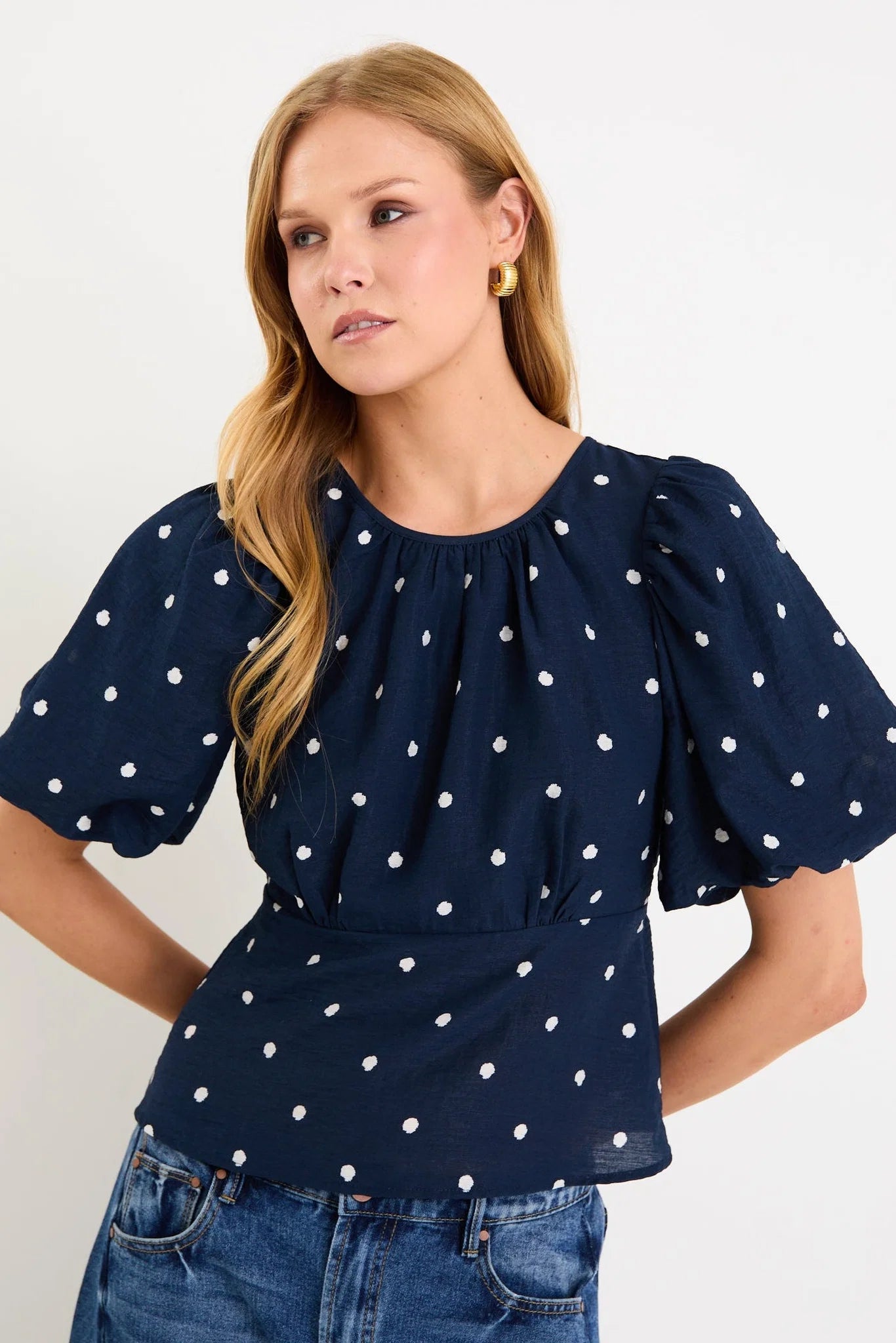 Finali Navy Polka Dot Bubble Sleeve Top