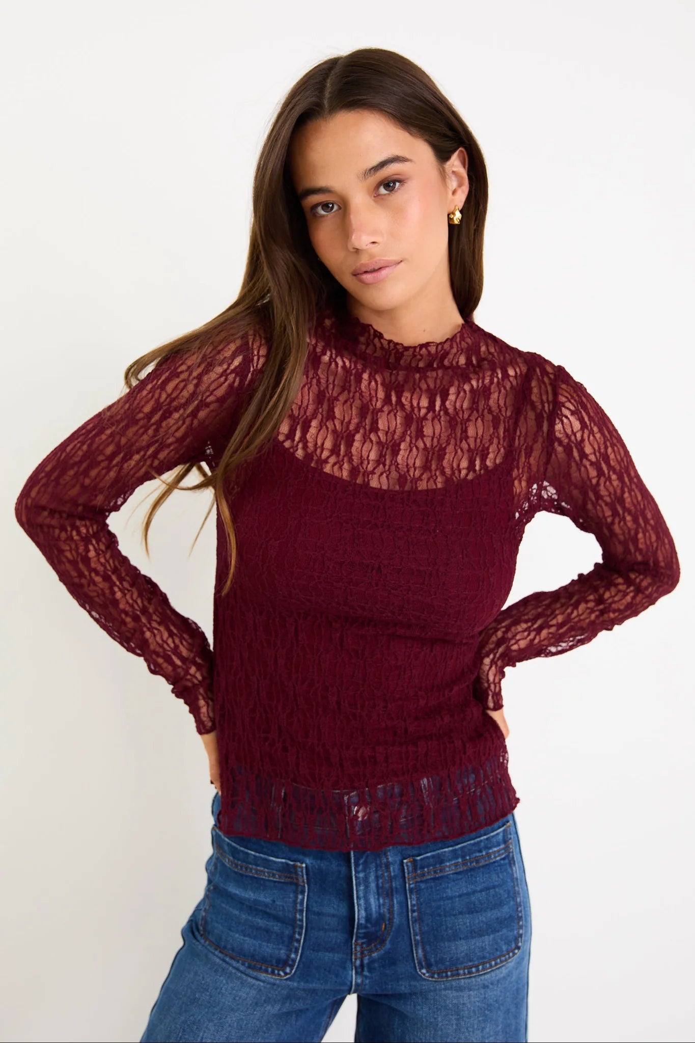 Giving Burgundy Lace Long Sleeve Top
