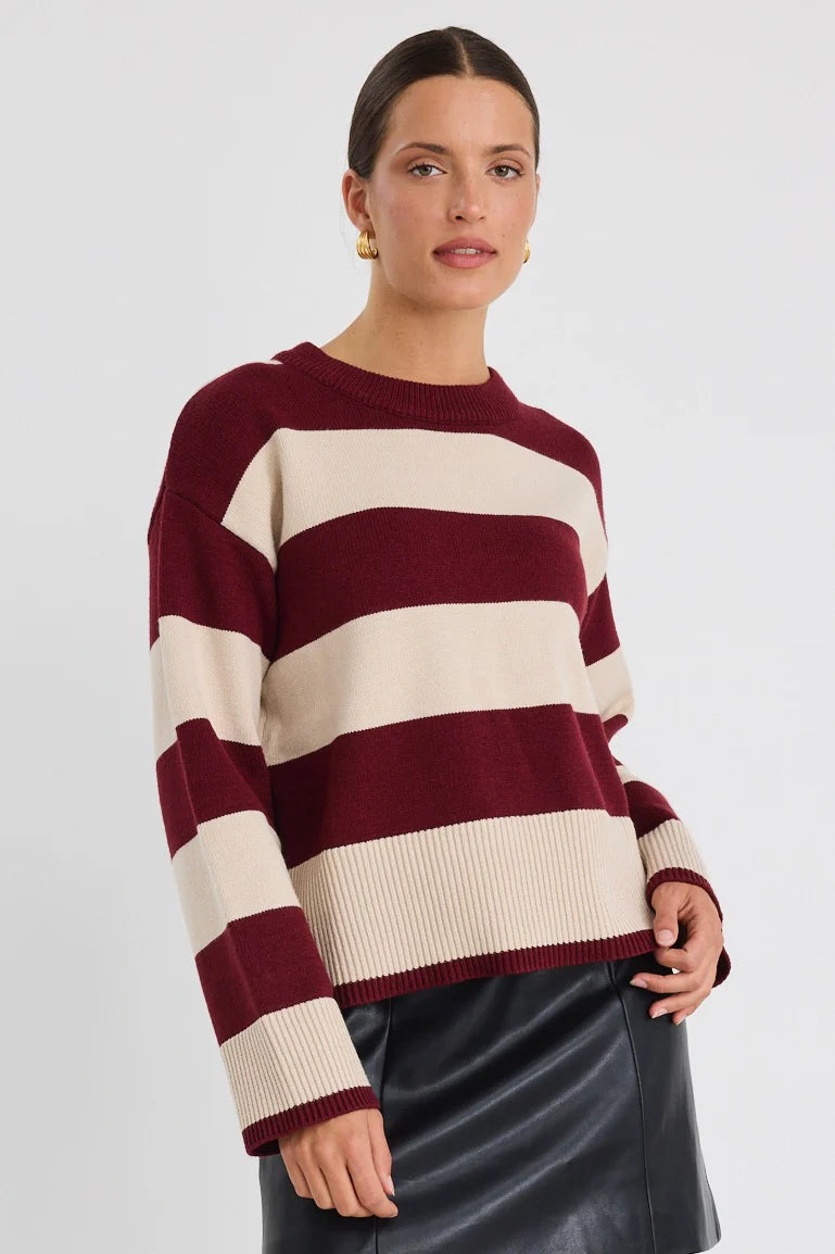 Gravity Burgundy Stripe Crew Neck Knit Jumper
