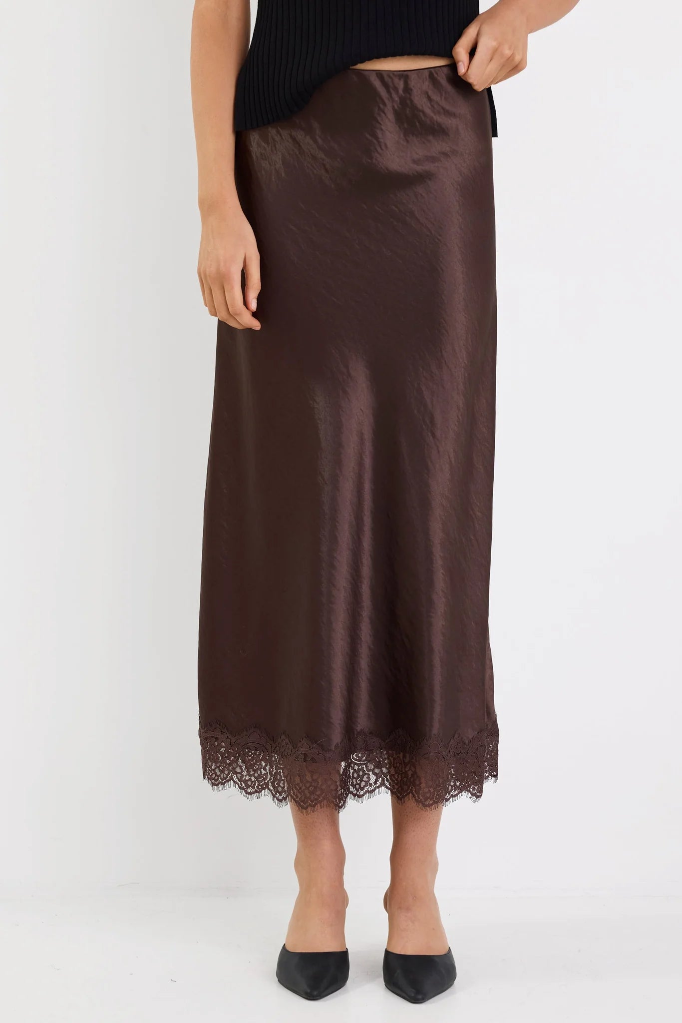 Margarita Chocolate Satin Lace Trim Bias Maxi Skirt