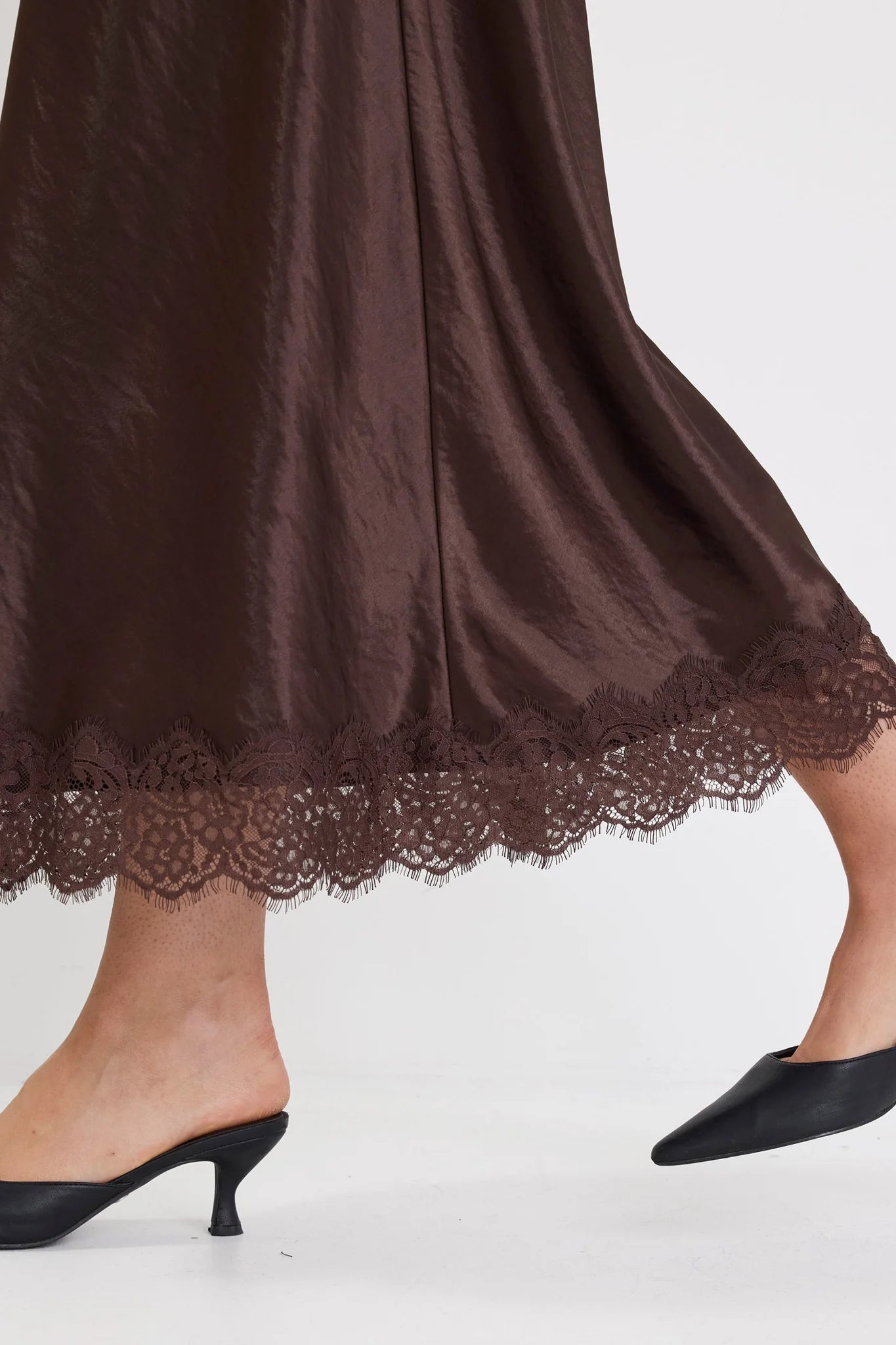 Margarita Chocolate Satin Lace Trim Bias Maxi Skirt