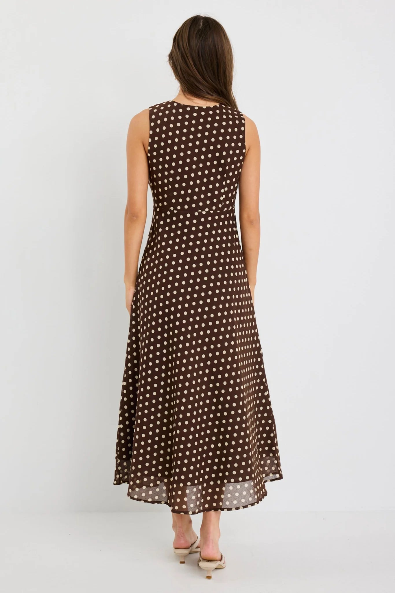 Infinity Chocolate Polka Dot Sleeveless Bias Midi Dress
